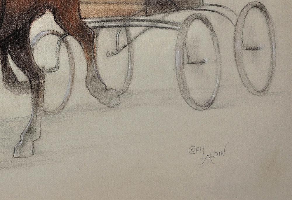 Cecil Aldin, Trotting Horses Harnessed to a Lightweight Four Wheel Cart Trap, Chalk Drawing, Framed