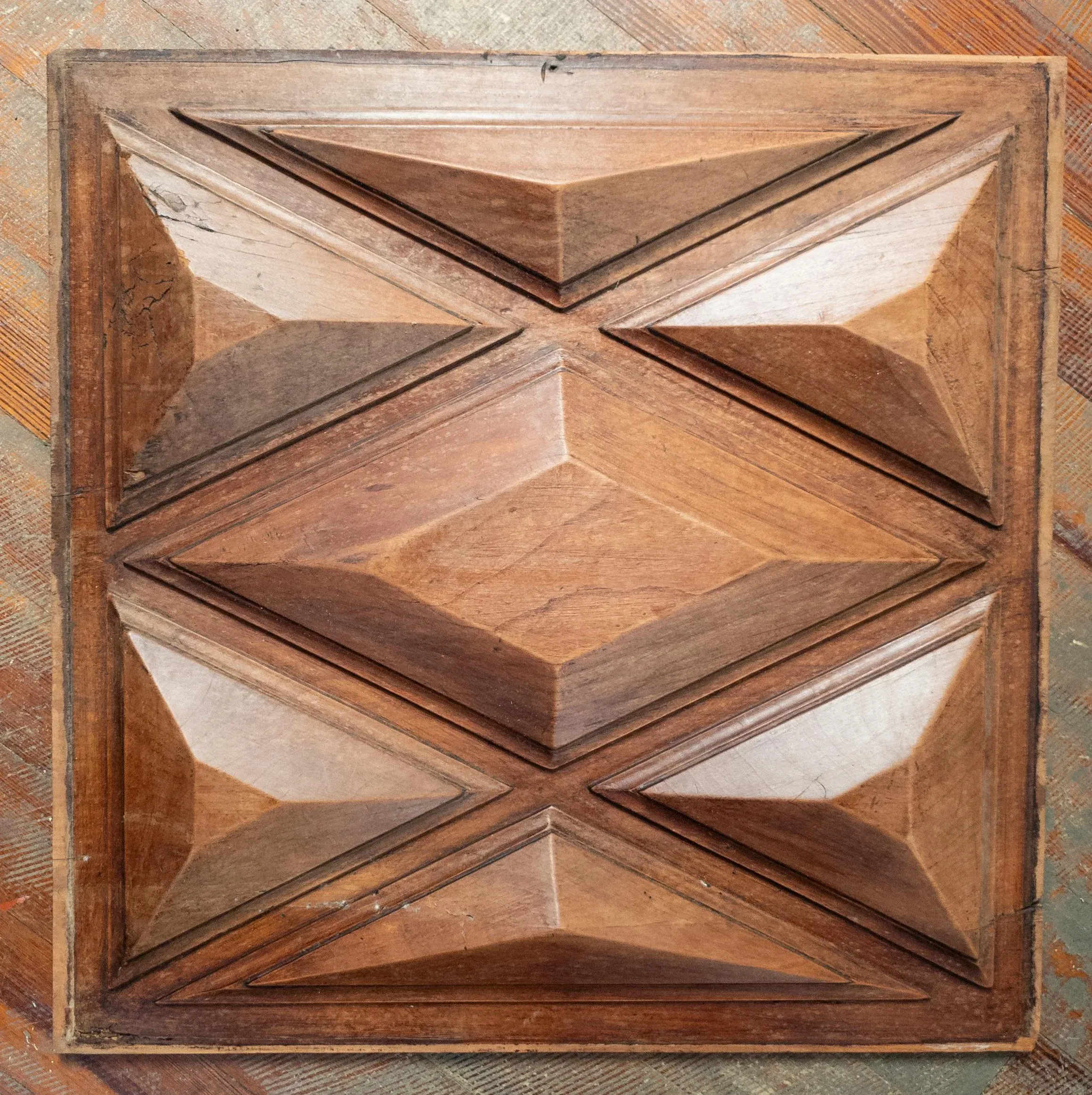 19th Century Sculptural Geometric Walnut Carved Furniture Panel Wall Decoration