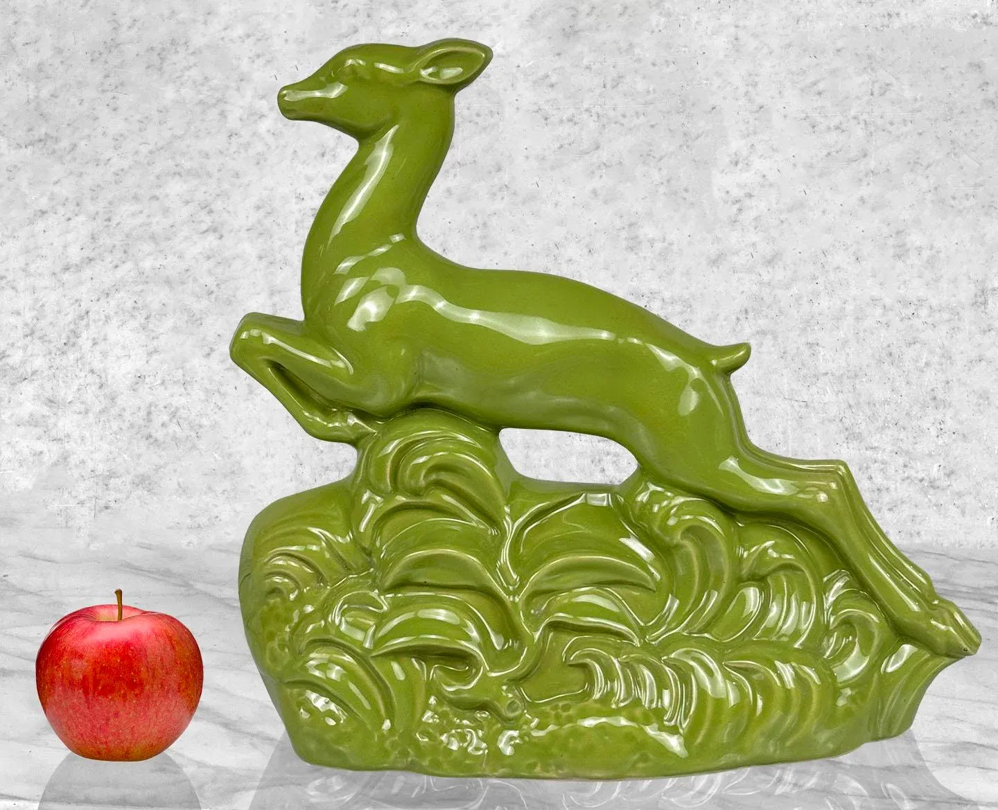 Mid-Century Art Deco Avocado Green Porcelain Leaping Deer Tv Lamp