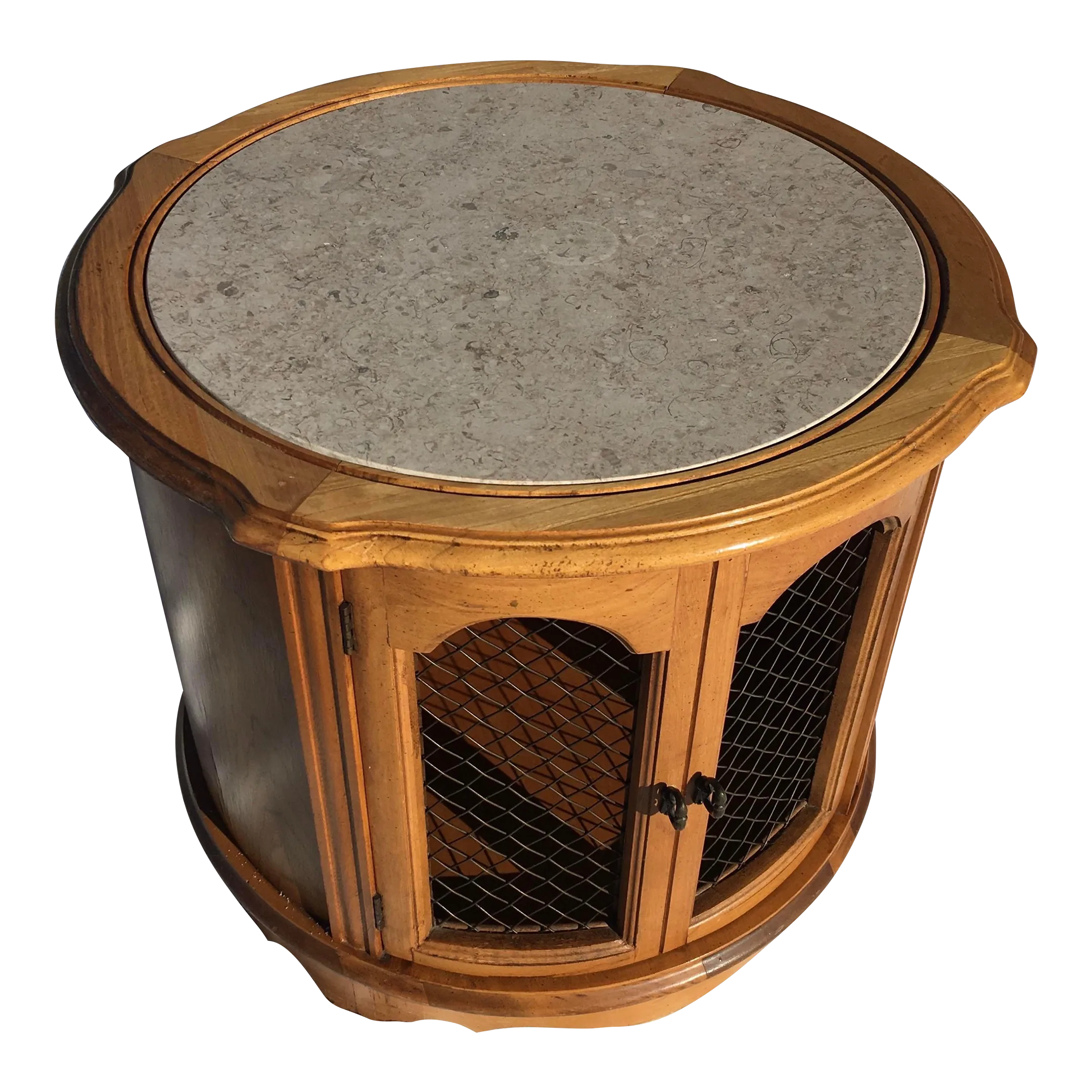 French Provincial Round Liquor Cabinet With Inlaid Travertine Top