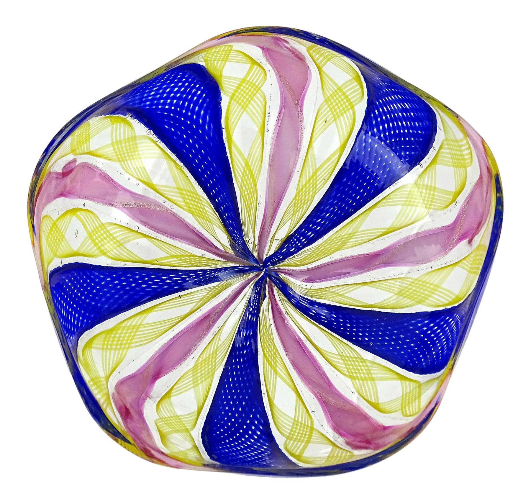 Murano Vintage Cobalt Blue Pink Yellow Zafirico Ribbons Italian Art