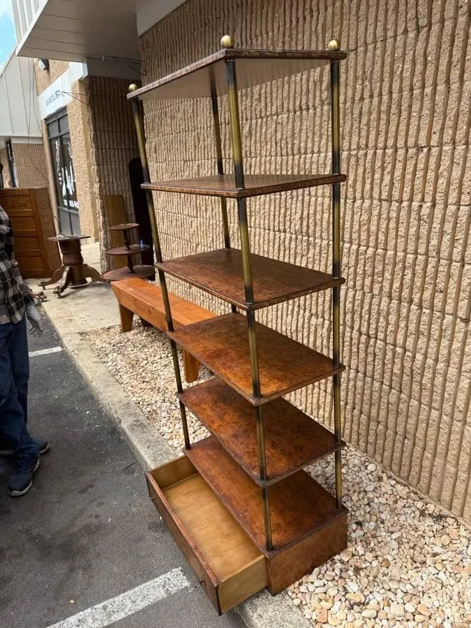 Vintage Hollywood Regency Style Brass Frame Burled Wooden Shelves