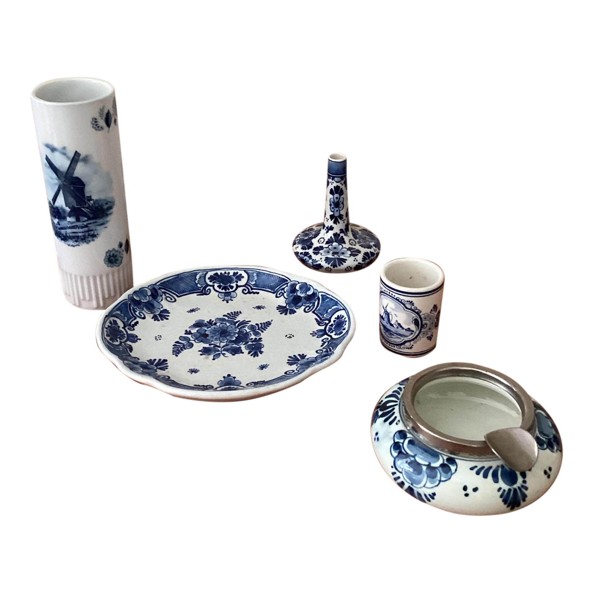 Mid 20th Century Delft Blue Pottery - Earthenware, Porcelain Collection- 5 Pieces