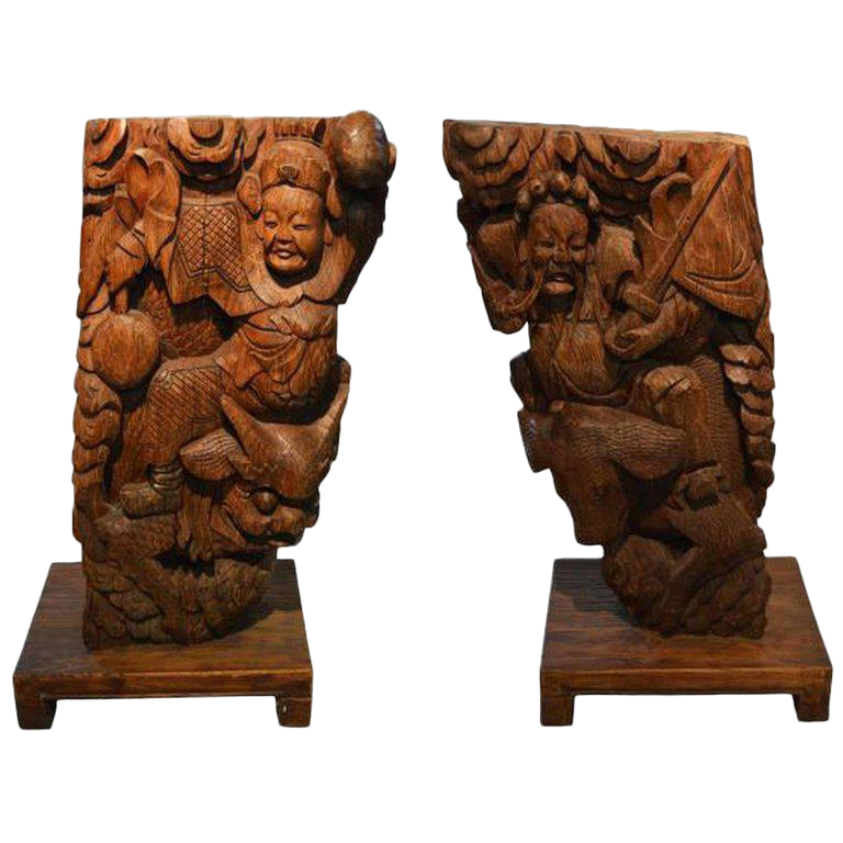 Pair Of Antique Hand Carved Wood Temple Corbels From China 19th