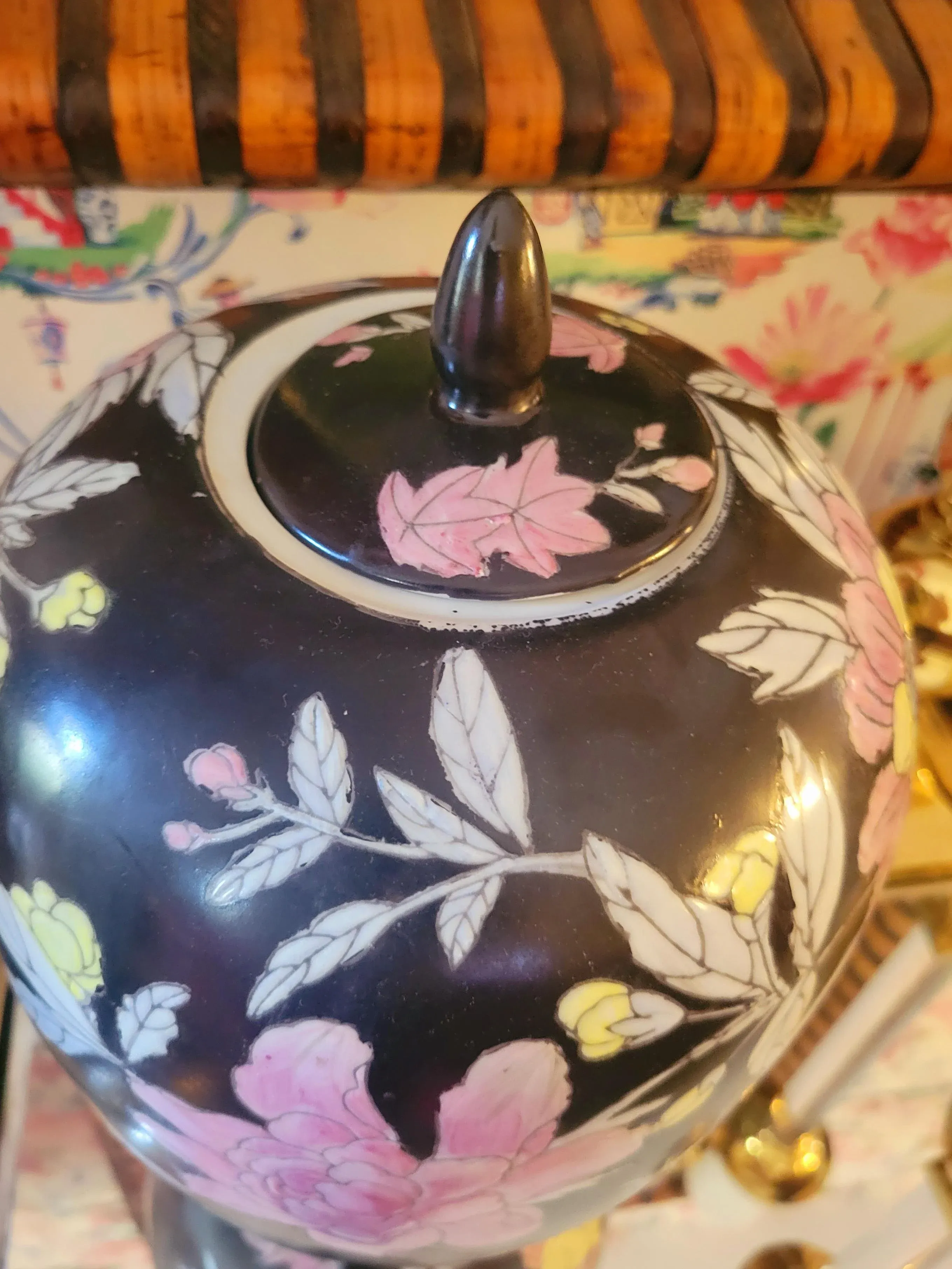 Vintage Black Pink Green Ceramic Regency Ginger Jar