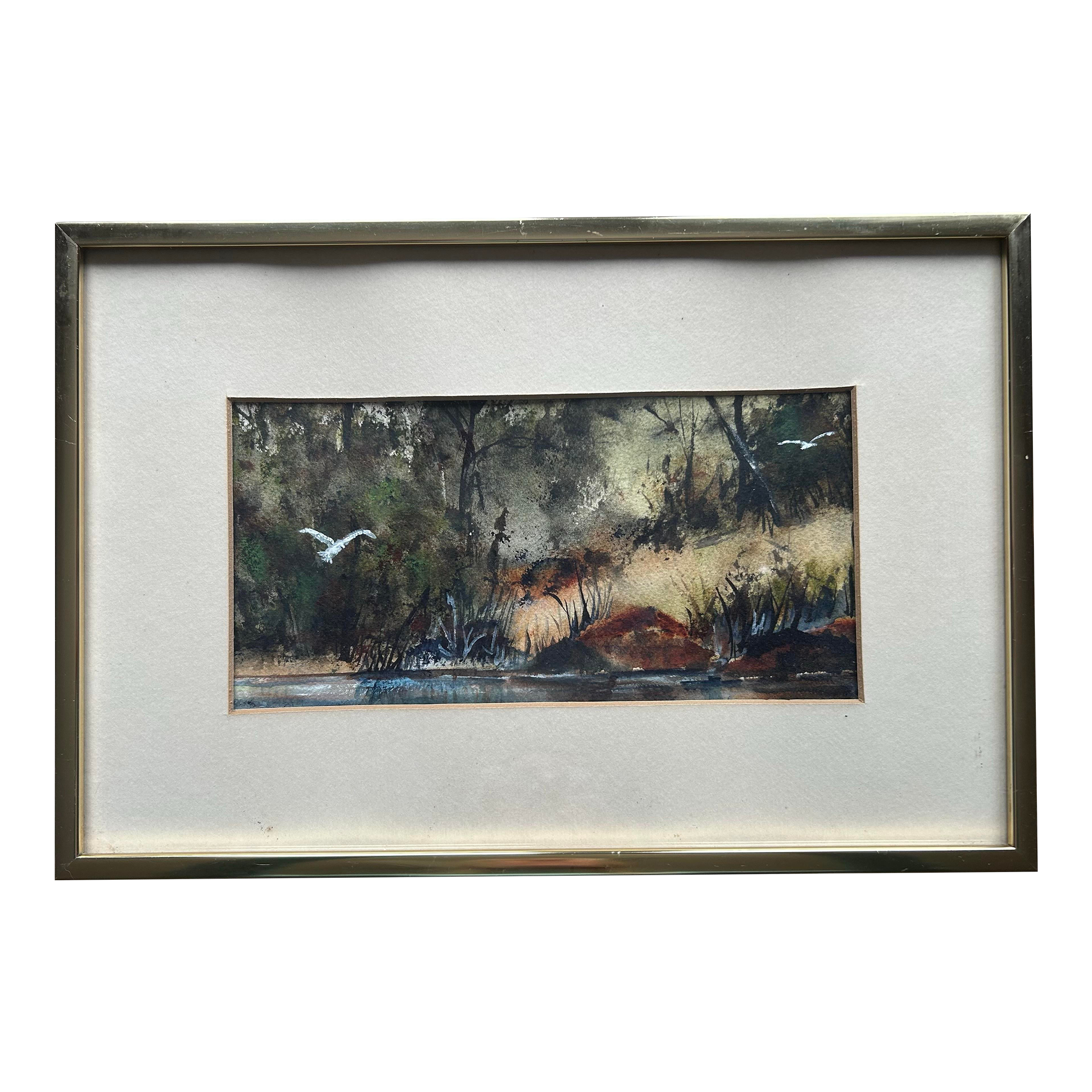 Vintage Original Watercolor of the Florida Everglades With Birds