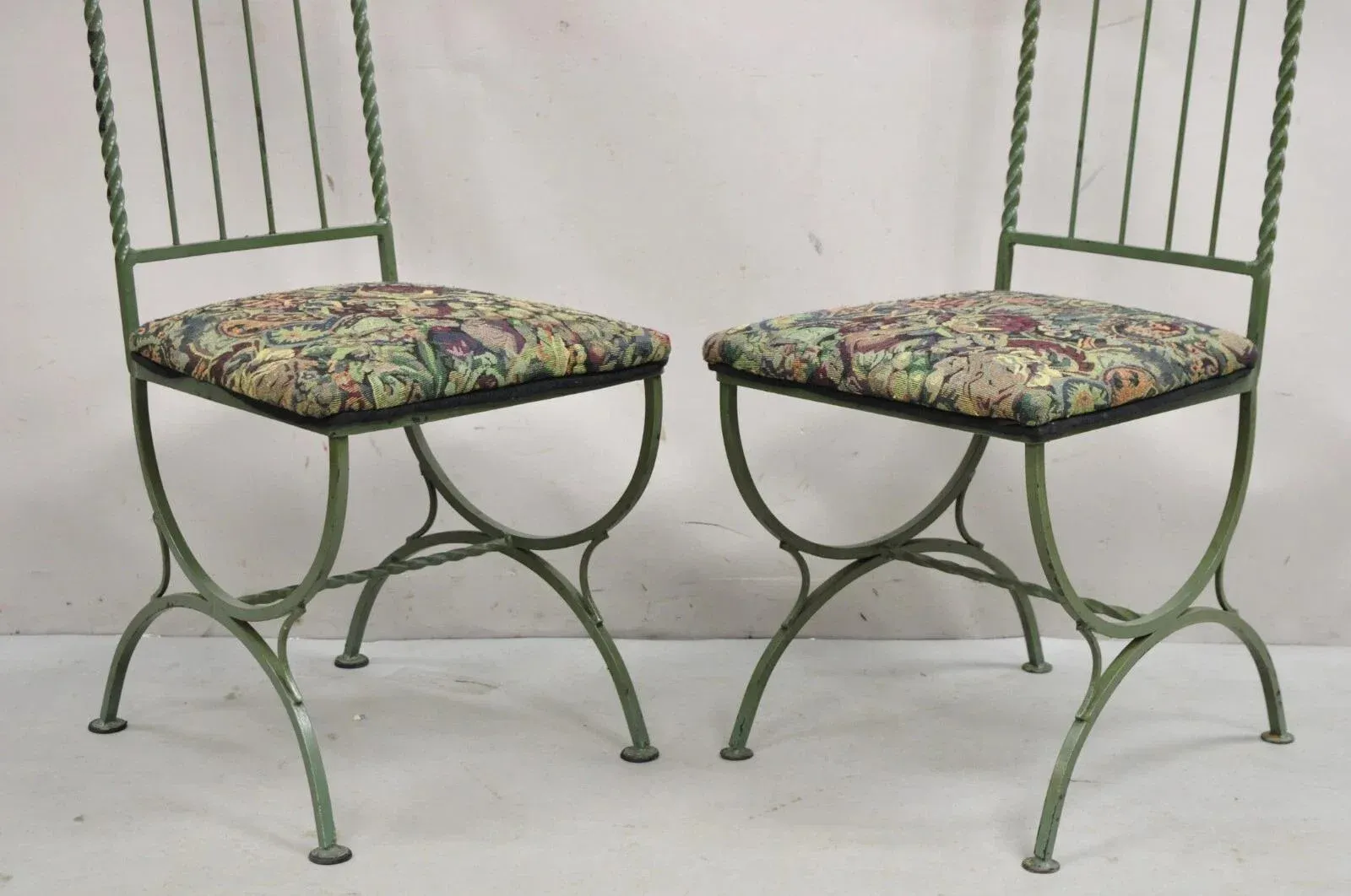 Mid 20th Century Vintage Gothic Hollywood Regency Style Green Wrought Iron Dining Chairs Set of 4