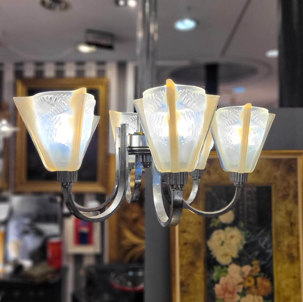 Pendant Light in Glass and Nickel-Plated Metal from Atelier Petitot Paris, 1930s