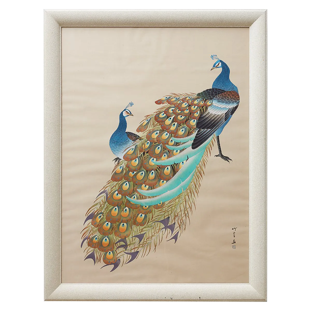 Japanese Showa Period Peacocks Painted on Silk Chairish