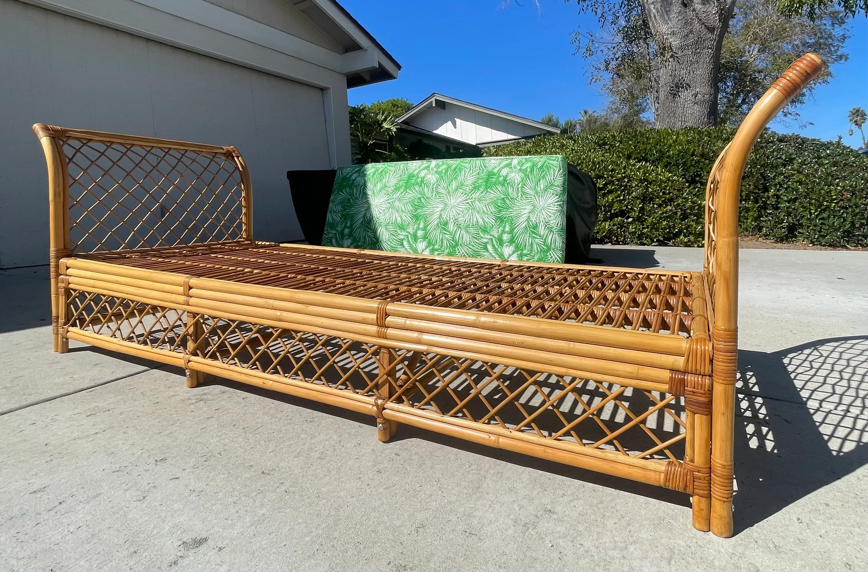 Vintage Rattan Bamboo Daybed With New Schumacher Print Cushion