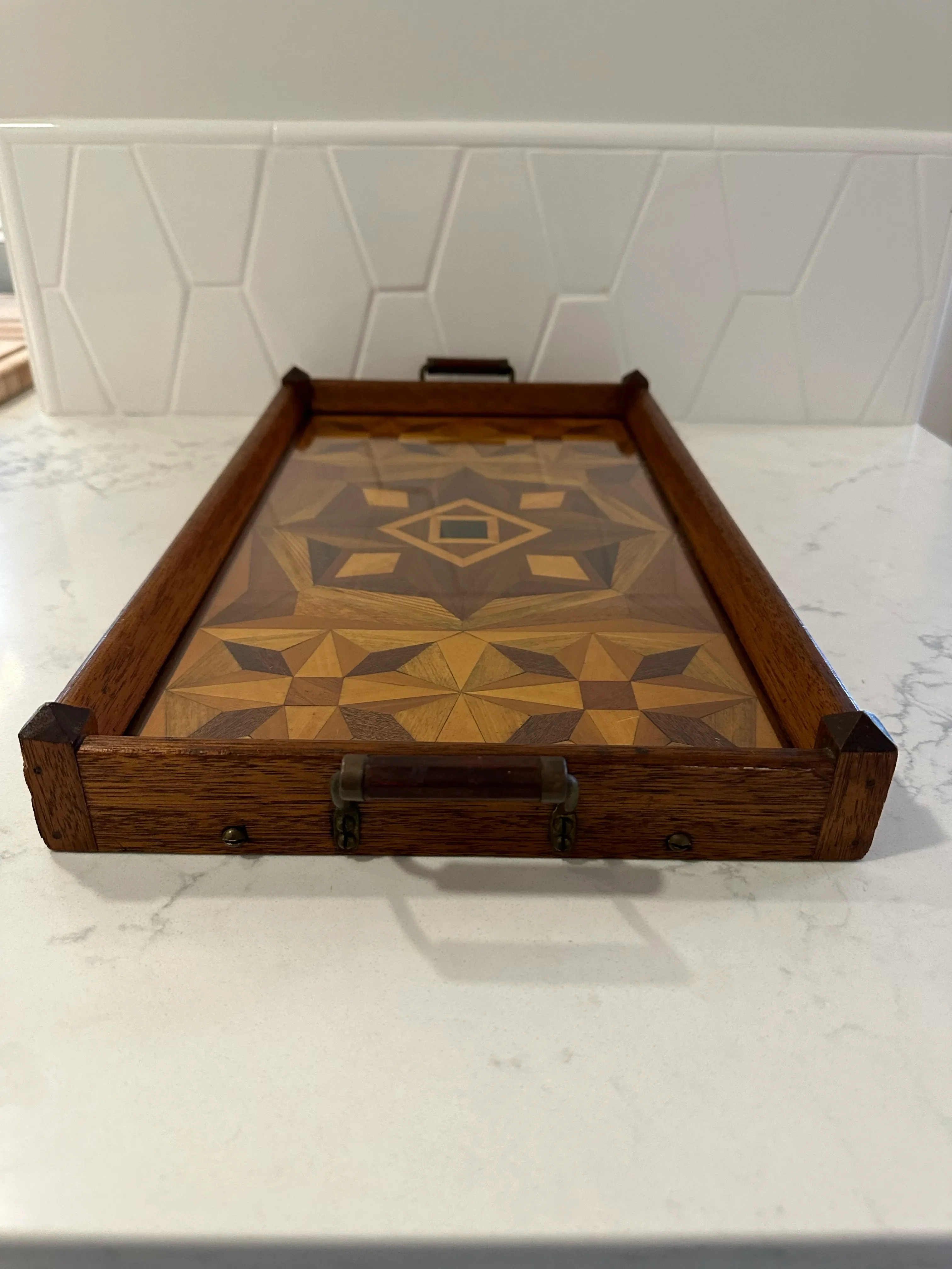 1930's Inlay Tray With Wood Handles and Removable Glass. | Chairish
