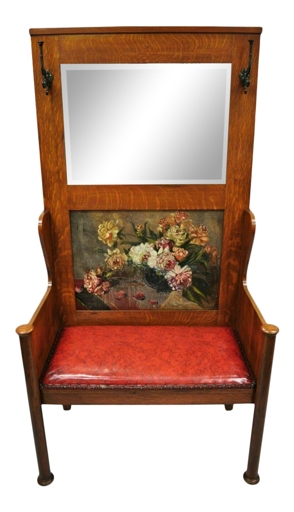 oak benches with backs on 1900s Antique Arts Crafts Tiger Oak Mission Hall Coat Rack Tree Mirror Bench Seat Chairish