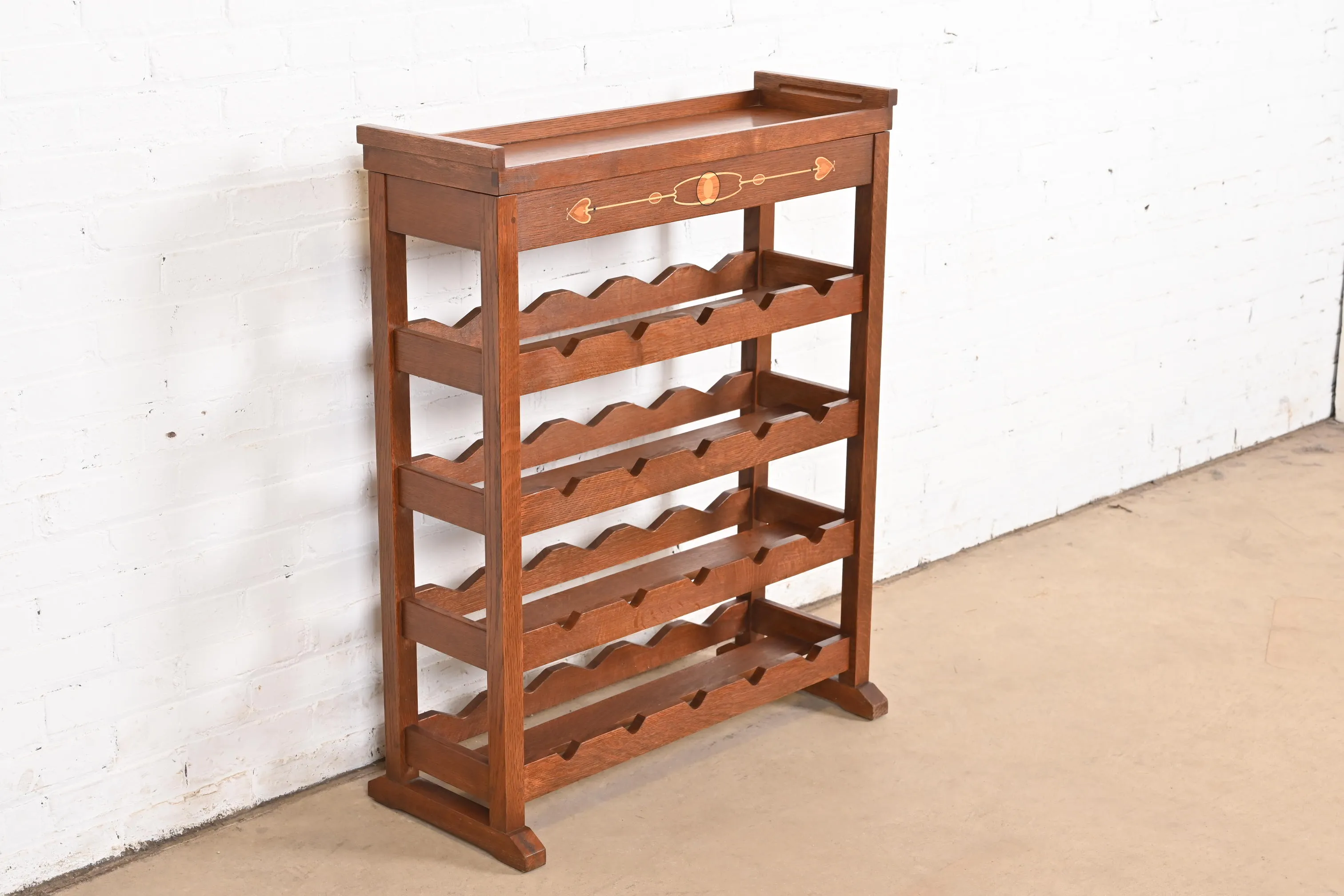 Stickley Harvey Ellis Collection Arts & Crafts Inlaid Oak 20-Bottle Wine Rack With Removable Serving Tray