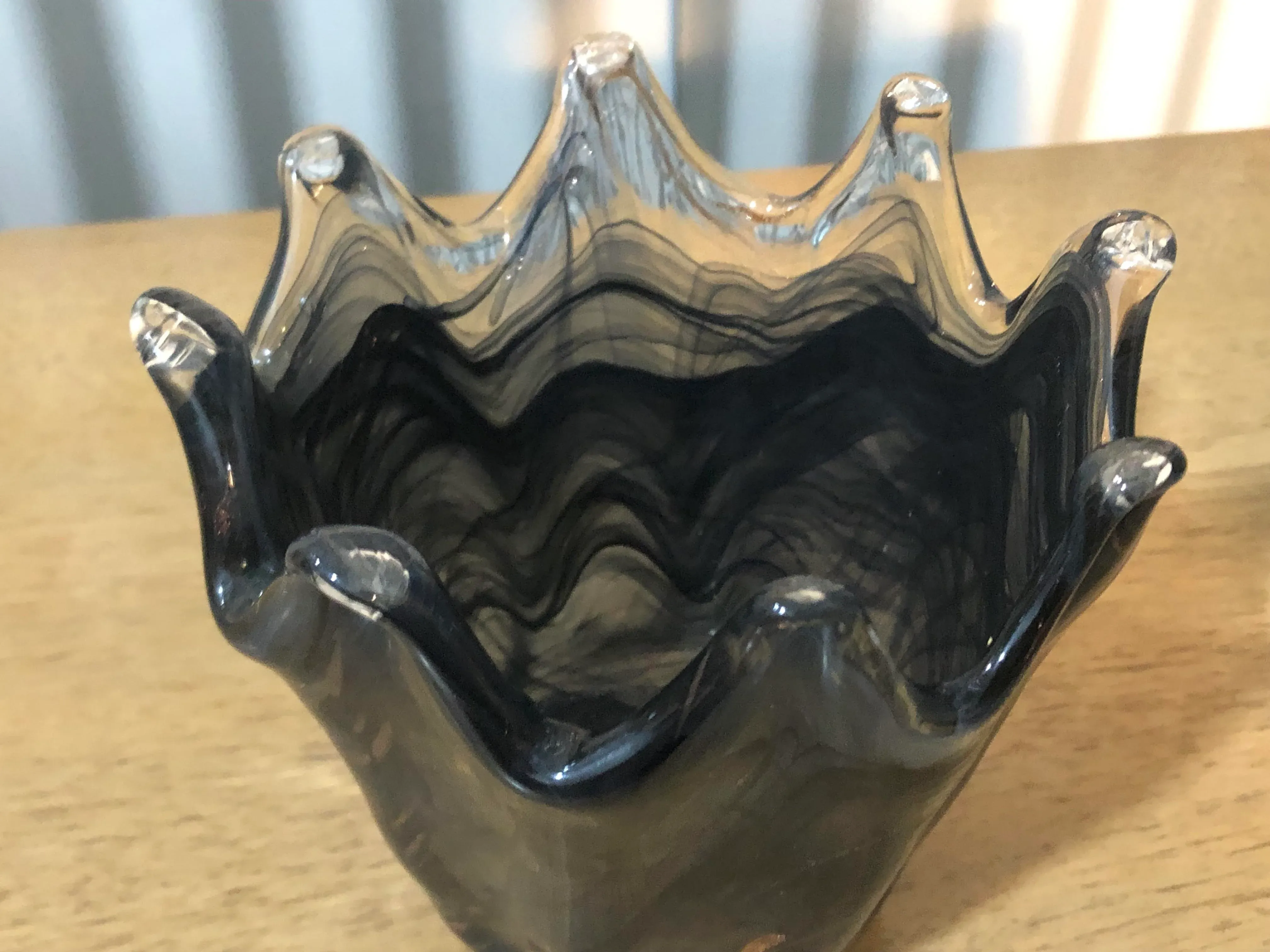 Vintage Murano Art Glass Pulled Vase Smokey Gray Black & Gold Sparkle Swirl