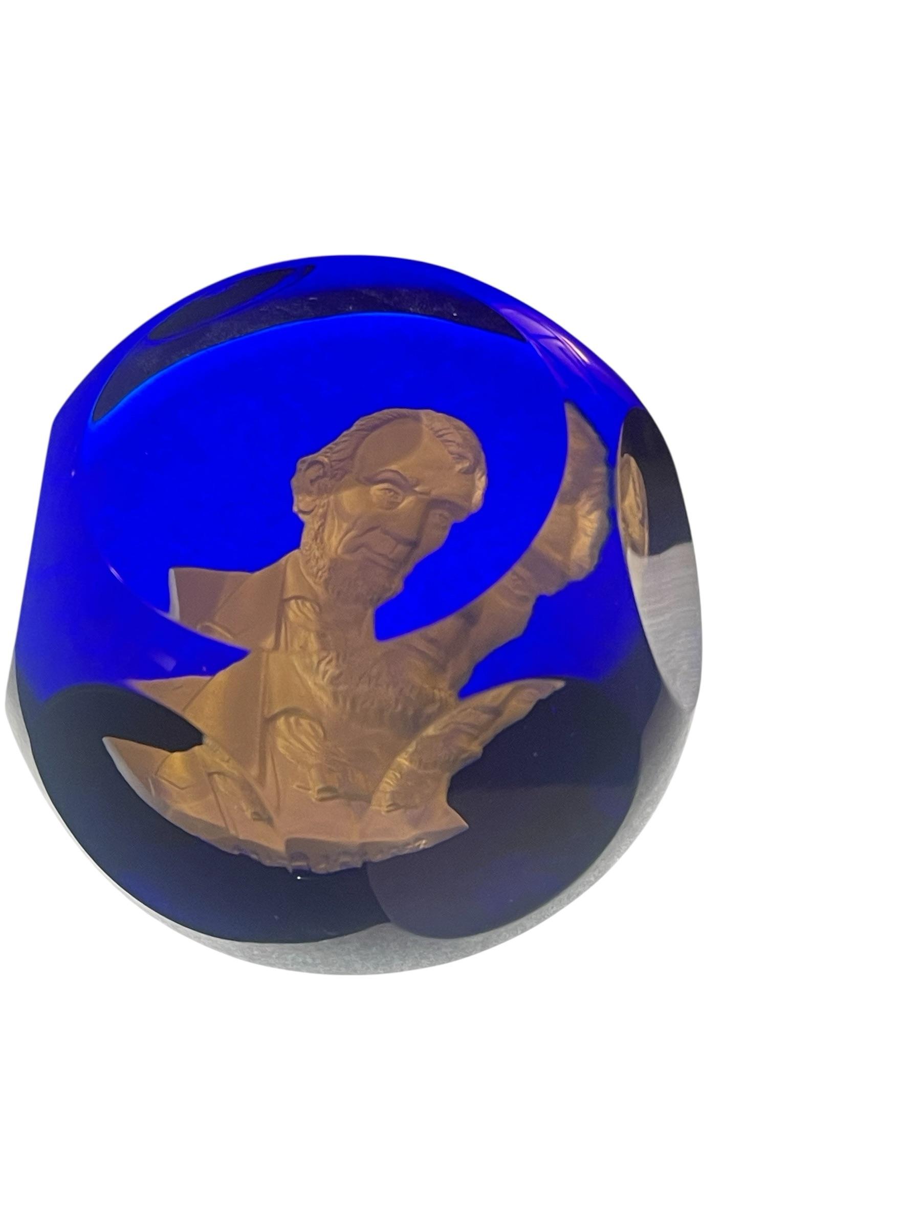 1955 Baccarat Cobalt Blue Crystal Abraham Lincoln Sulfide Paperweight