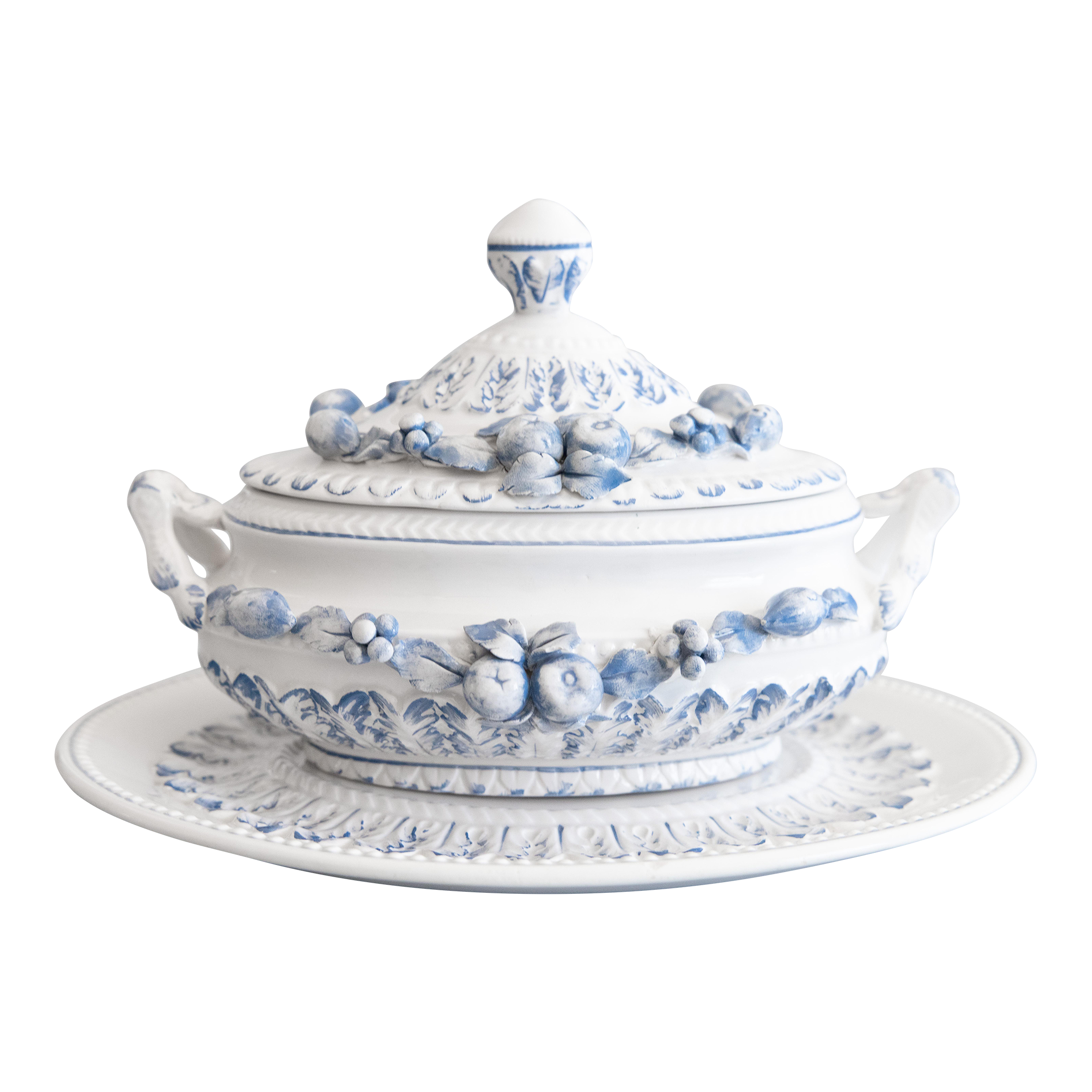 Vintage Italian Blue & White Porcelain Fruit Lidded Sauce Gravy