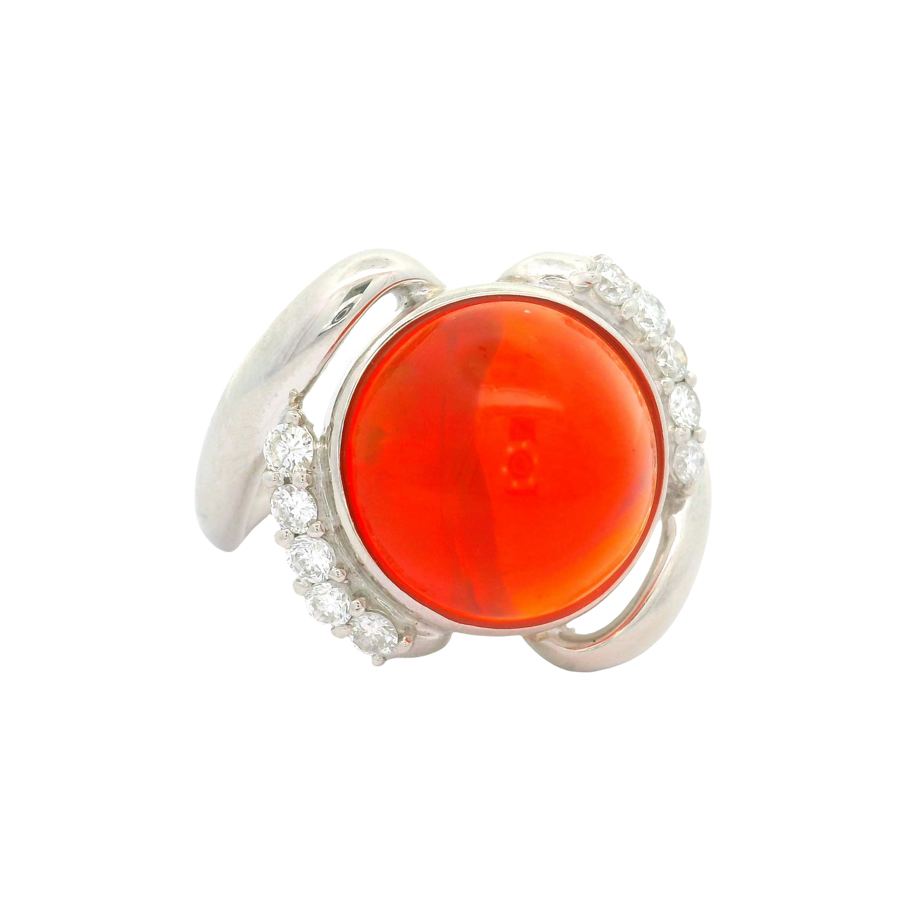 6.77 Carat Mexican Fire Opal Diamond Platinum Ribbon Ring, Size 7