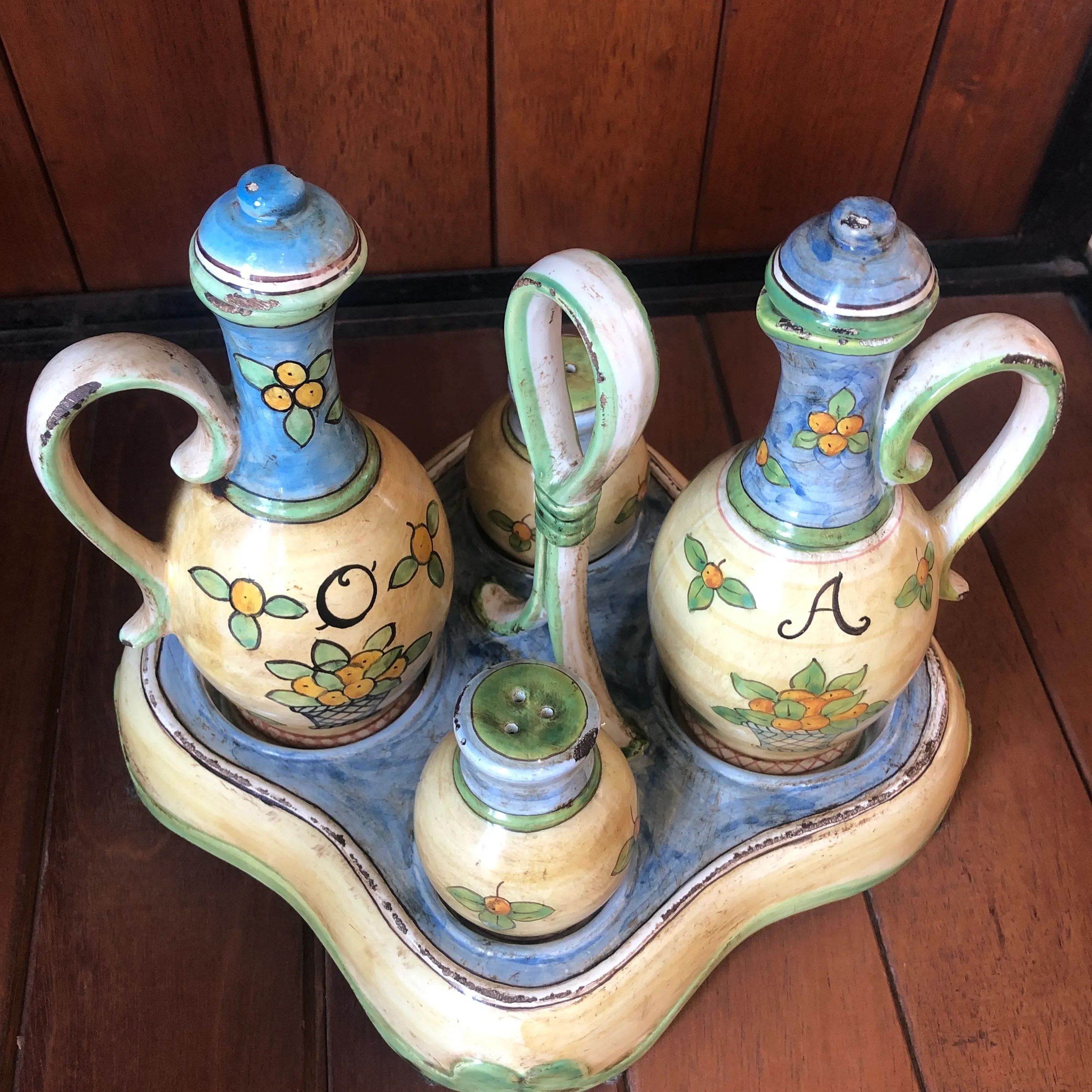 1990s Italian Hand Painted Ceramic Oil, Vinegar, Salt and Pepper Cestino
