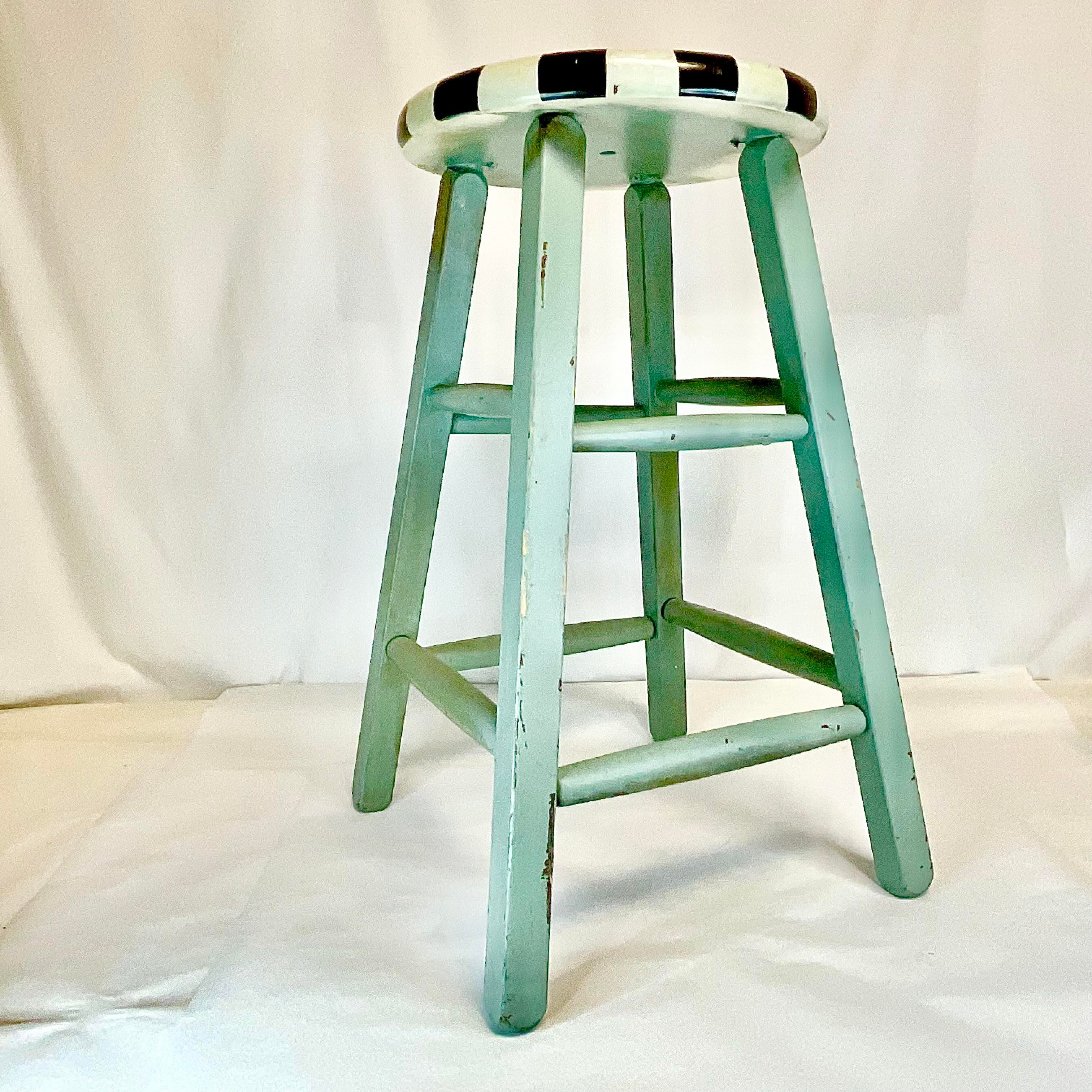 1970s Vintage Makenzie Childs\' Style Arts & Crafts Painted Bunny Bar Stool