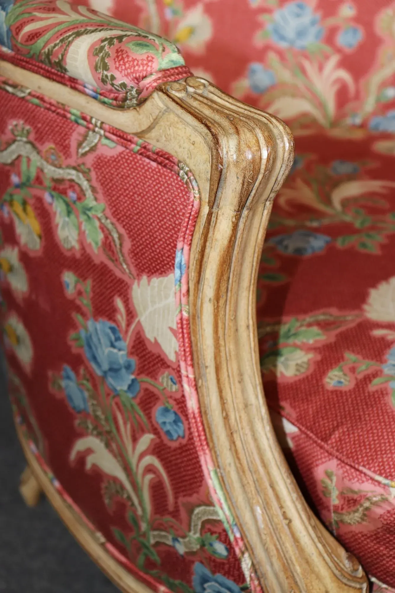 Gorgeous Pair of Paint Decorated Upholstered French Large Bergere Chairs