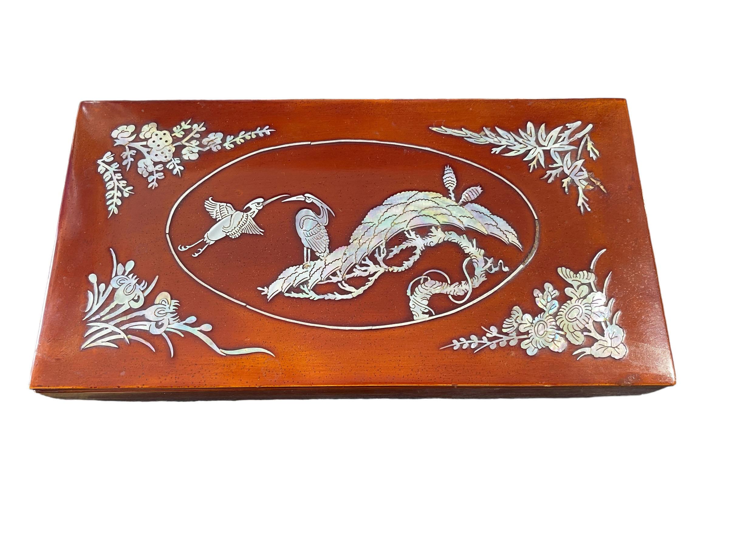 Vintage Korean Mother-Of-Pearl Inlaid Cigar Lacquer Box and