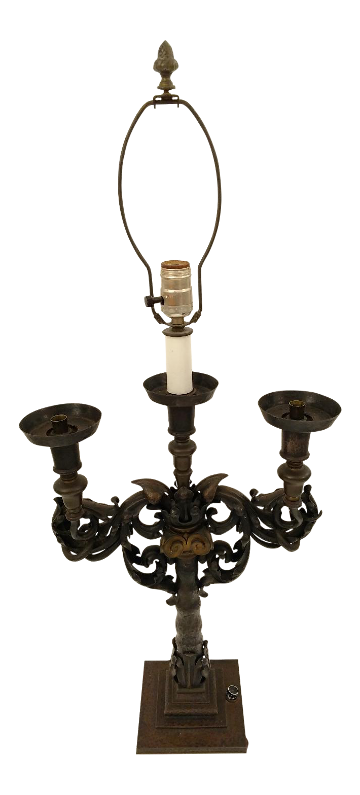 Early Wrought Iron Candlestick Lamp, 1900s Chairish