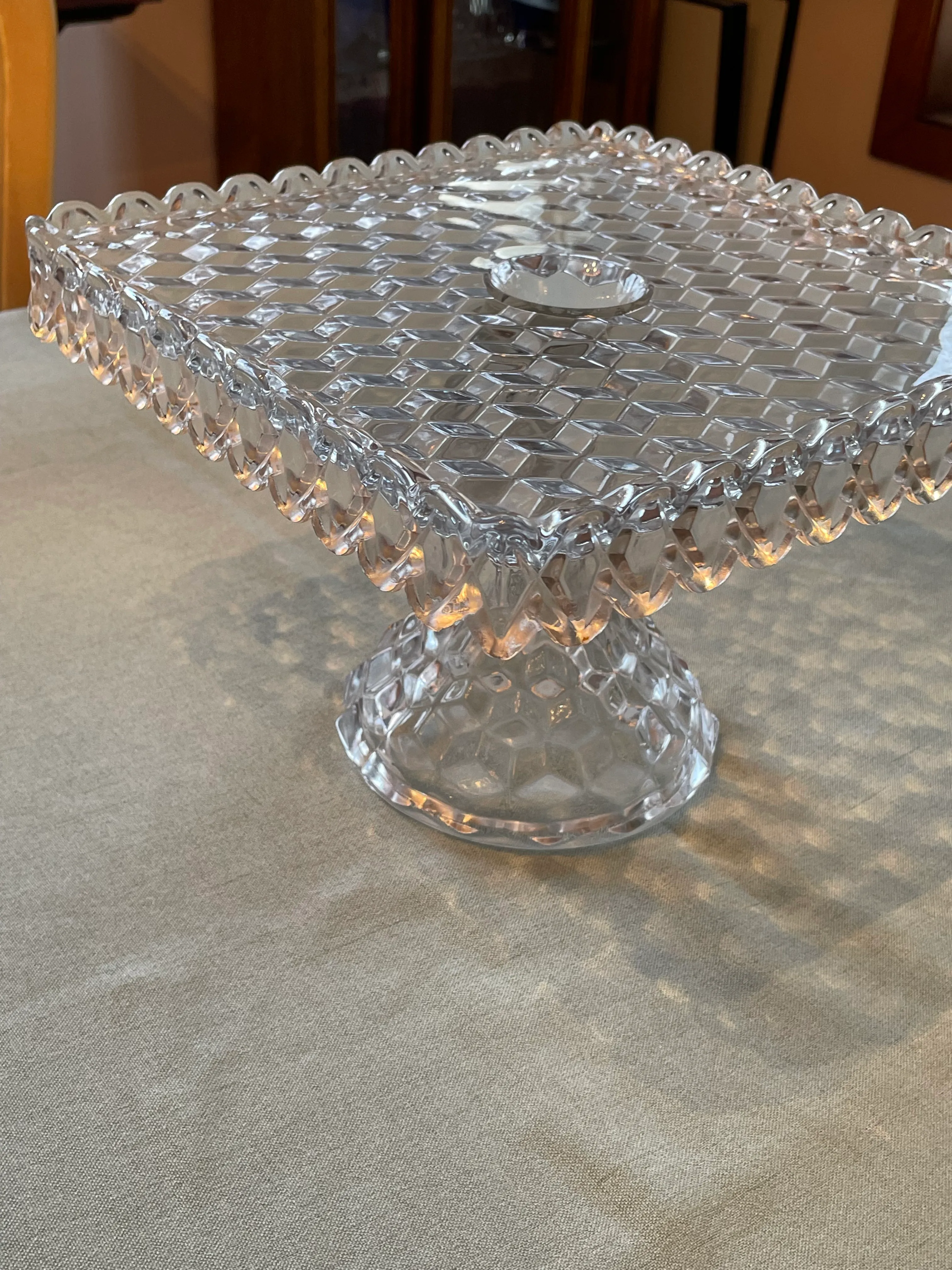 Vintage Fostoria American Square Cubist Pedestal Cake Stand With