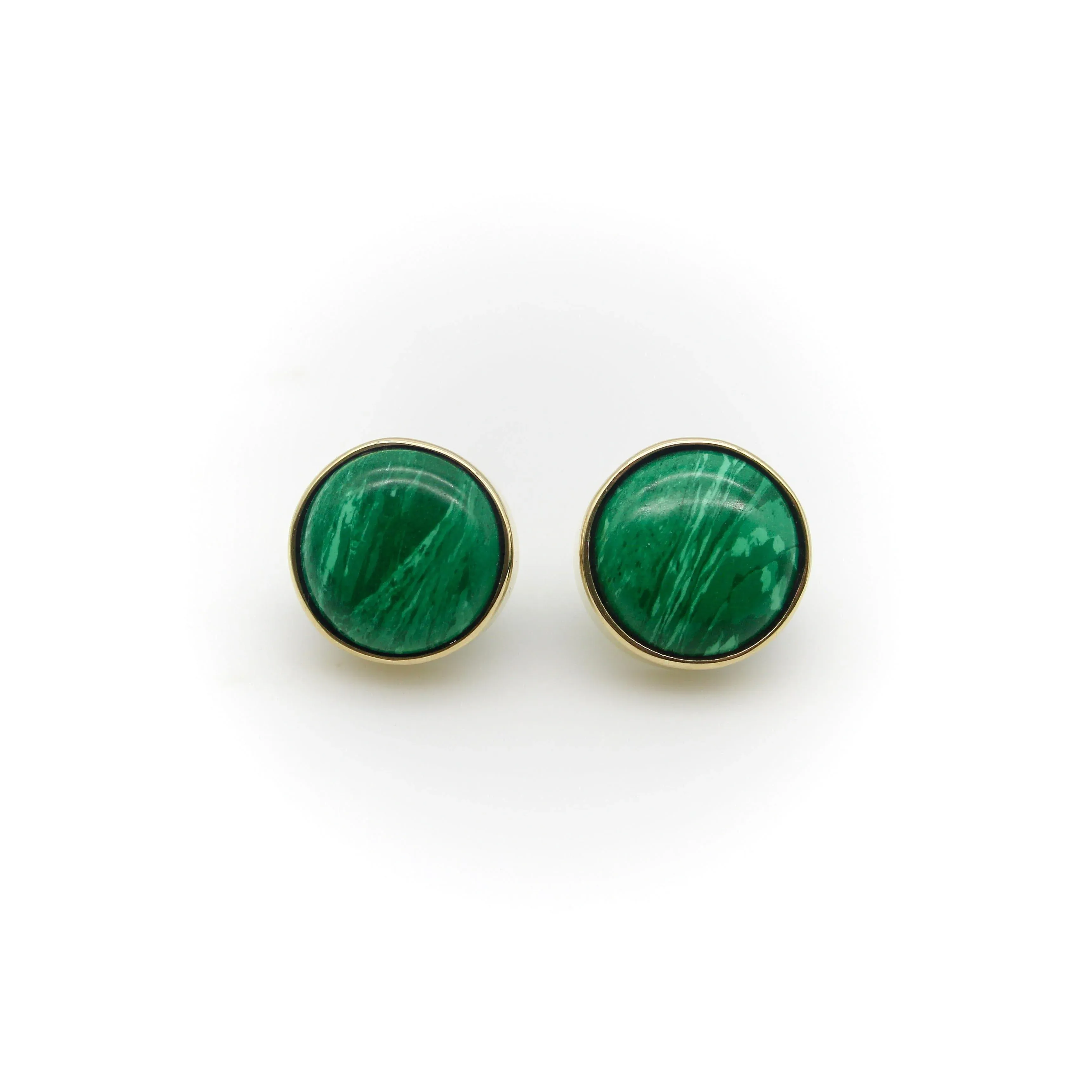 Vintage 14k Gold Malachite Button Earrings, A Pair