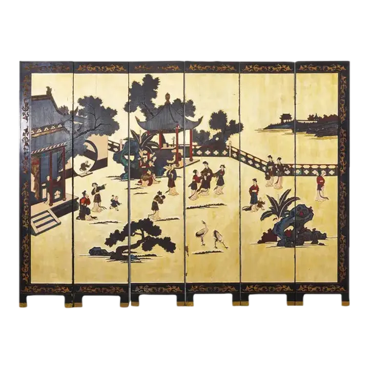 屏風　6面 Early 20th Century Chinese Export Six Panel Gold Leaf Coromandel