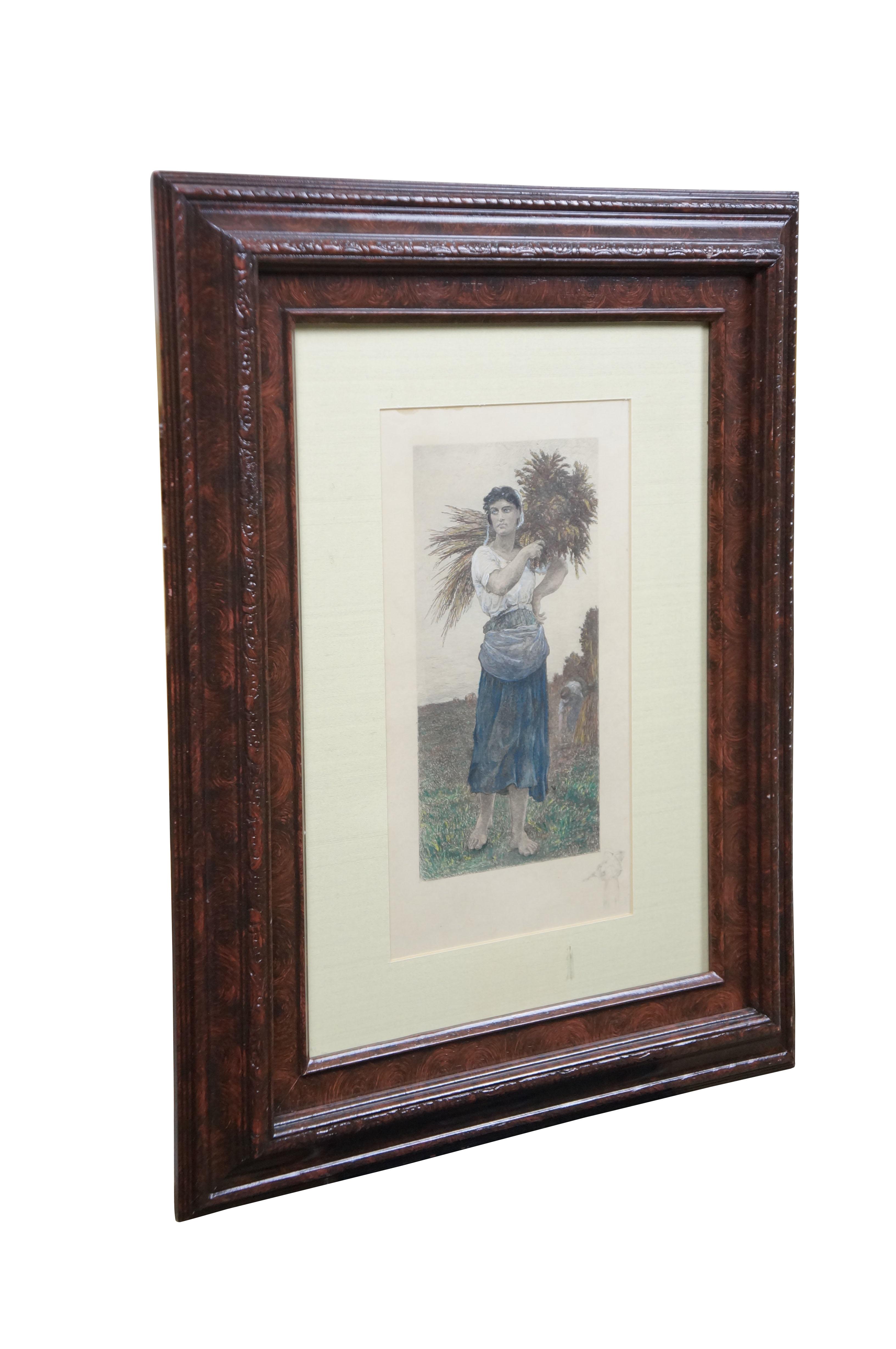 1888 the Gleaner Antique Hand Colored Harvest Etching by Jules Breton Framed 21\