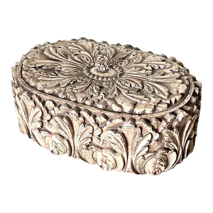Vintage Box With Decorative Carved Filigree in Natural Wood Finish