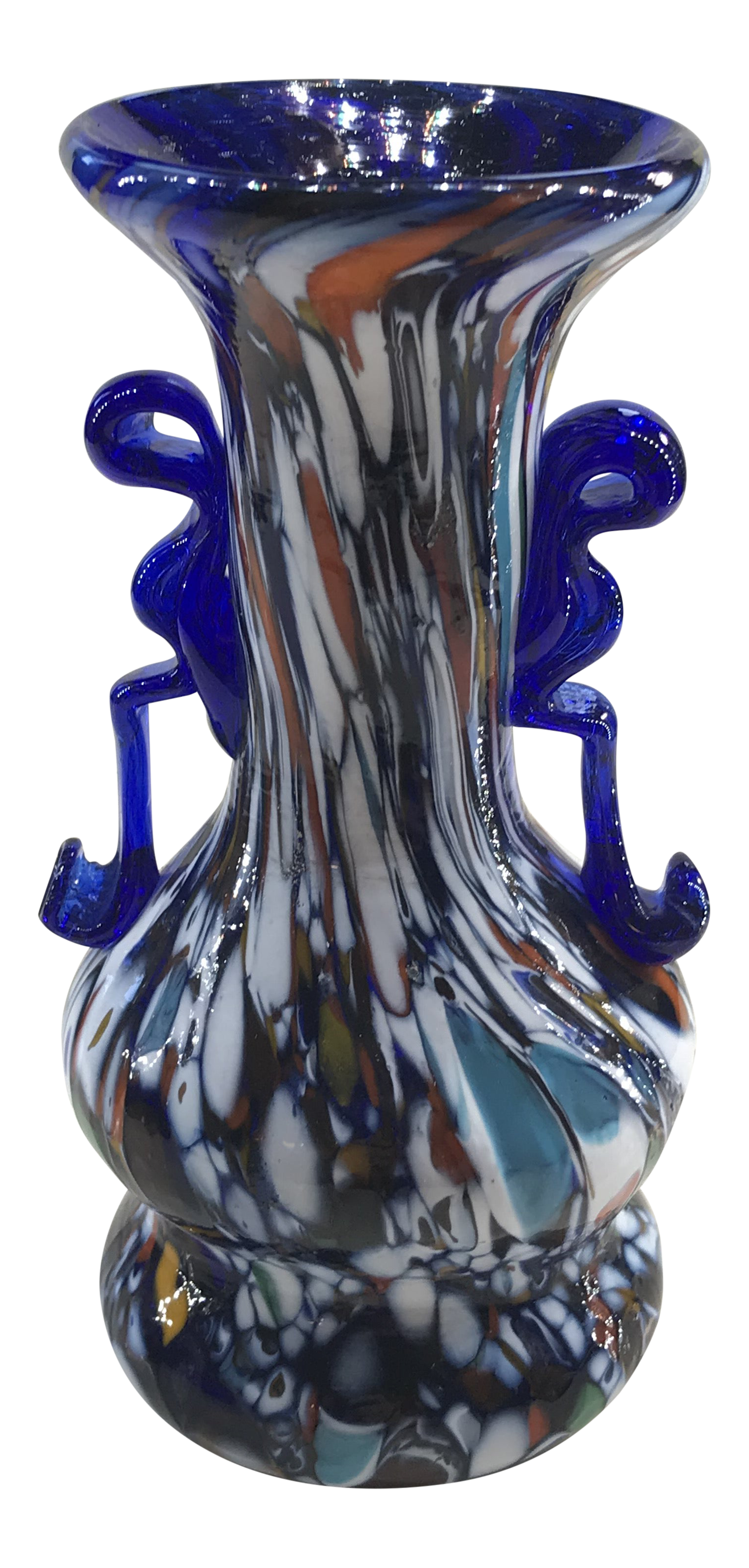 1920-1930s Blue Murano Glass Vase From Toso Double Round Base