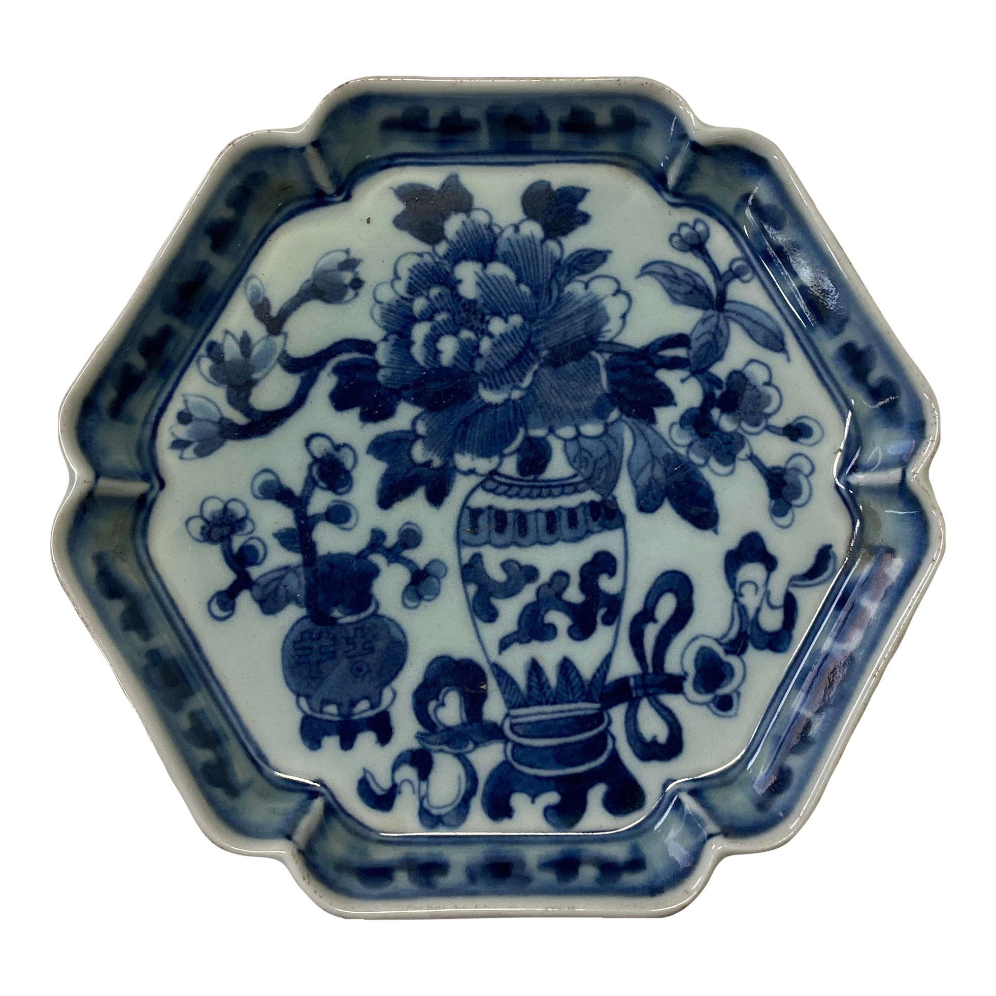 Chinese Blue White Flower Vase Porcelain Hexagonal Small Plate