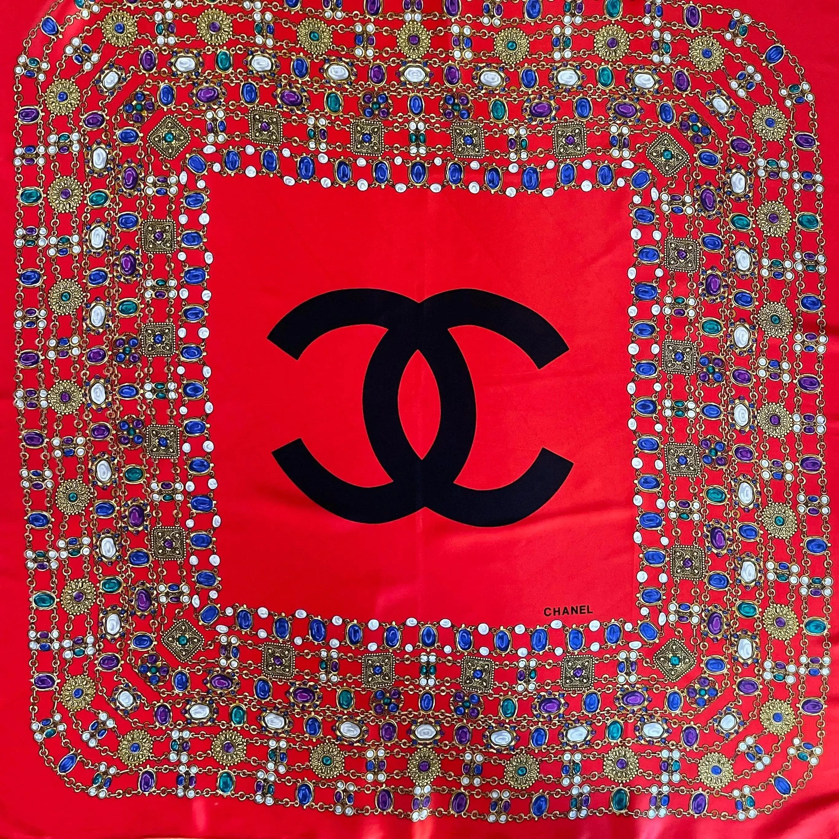 Chanel Silk Scarf Red Gripoix | Chairish