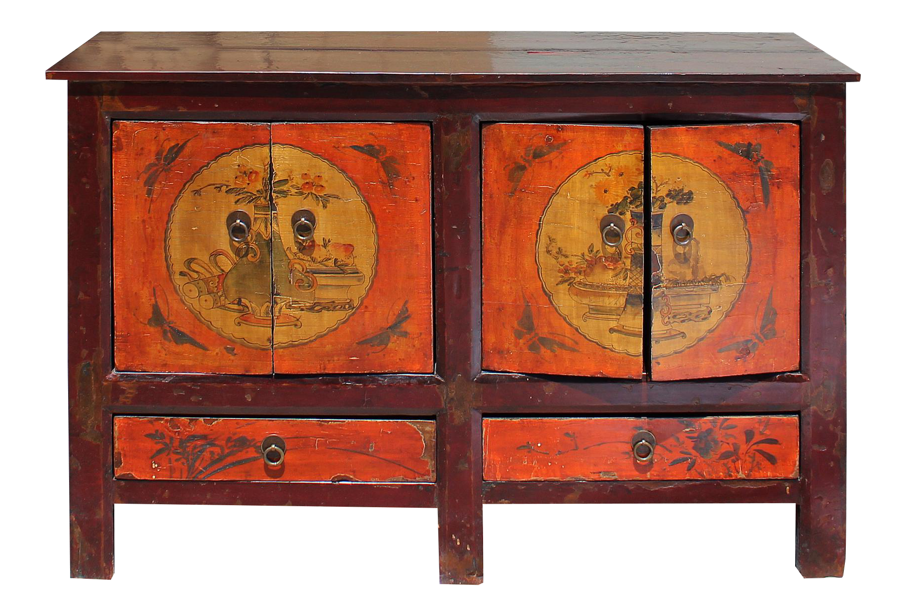 Chinese Vintage Brown Orange Flower Graphic Tv Console Cabinet Chairish