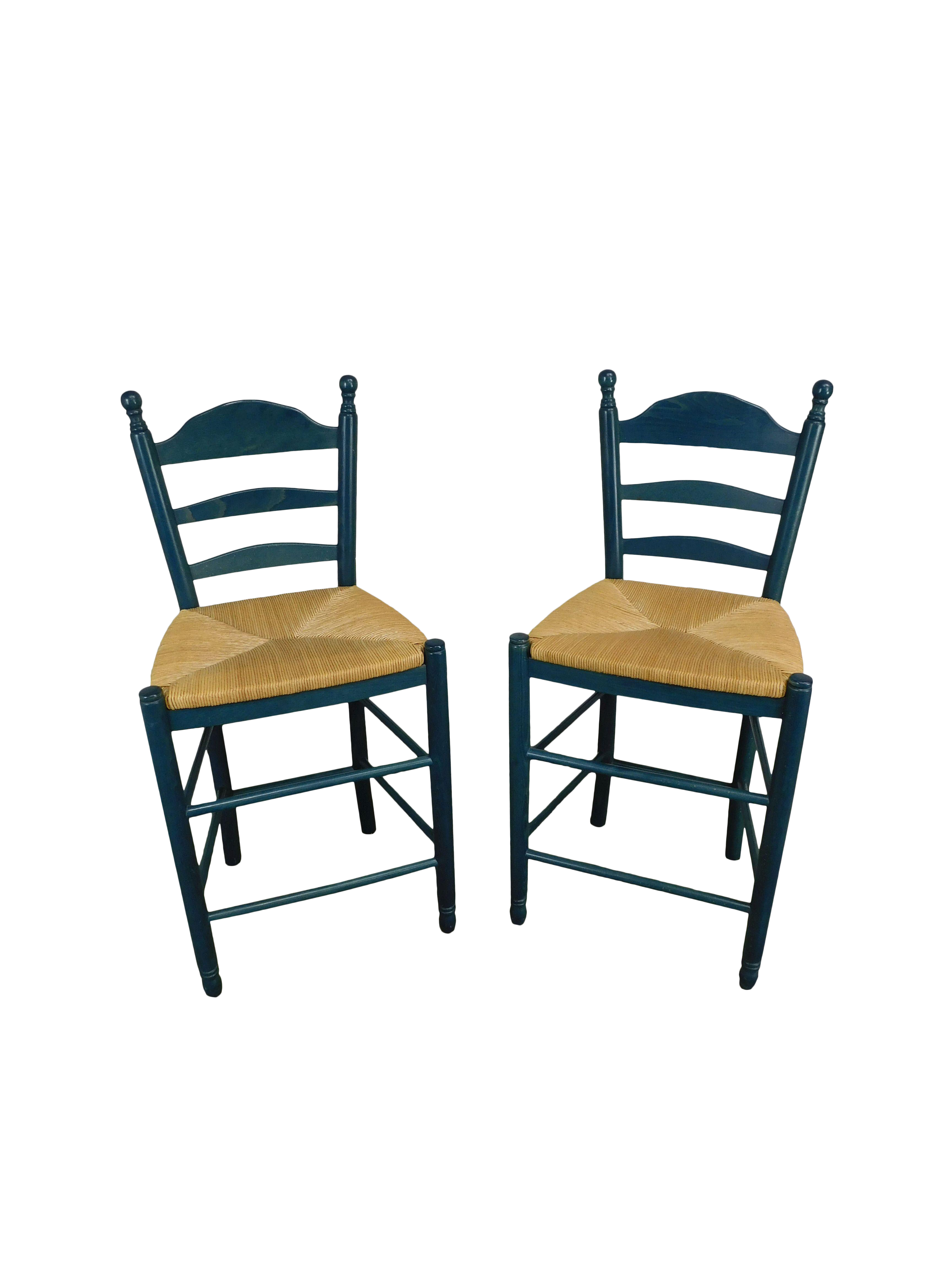 Country Style Blue Painted Rush Rush Seat Ladder Back Counter Stools Chairish