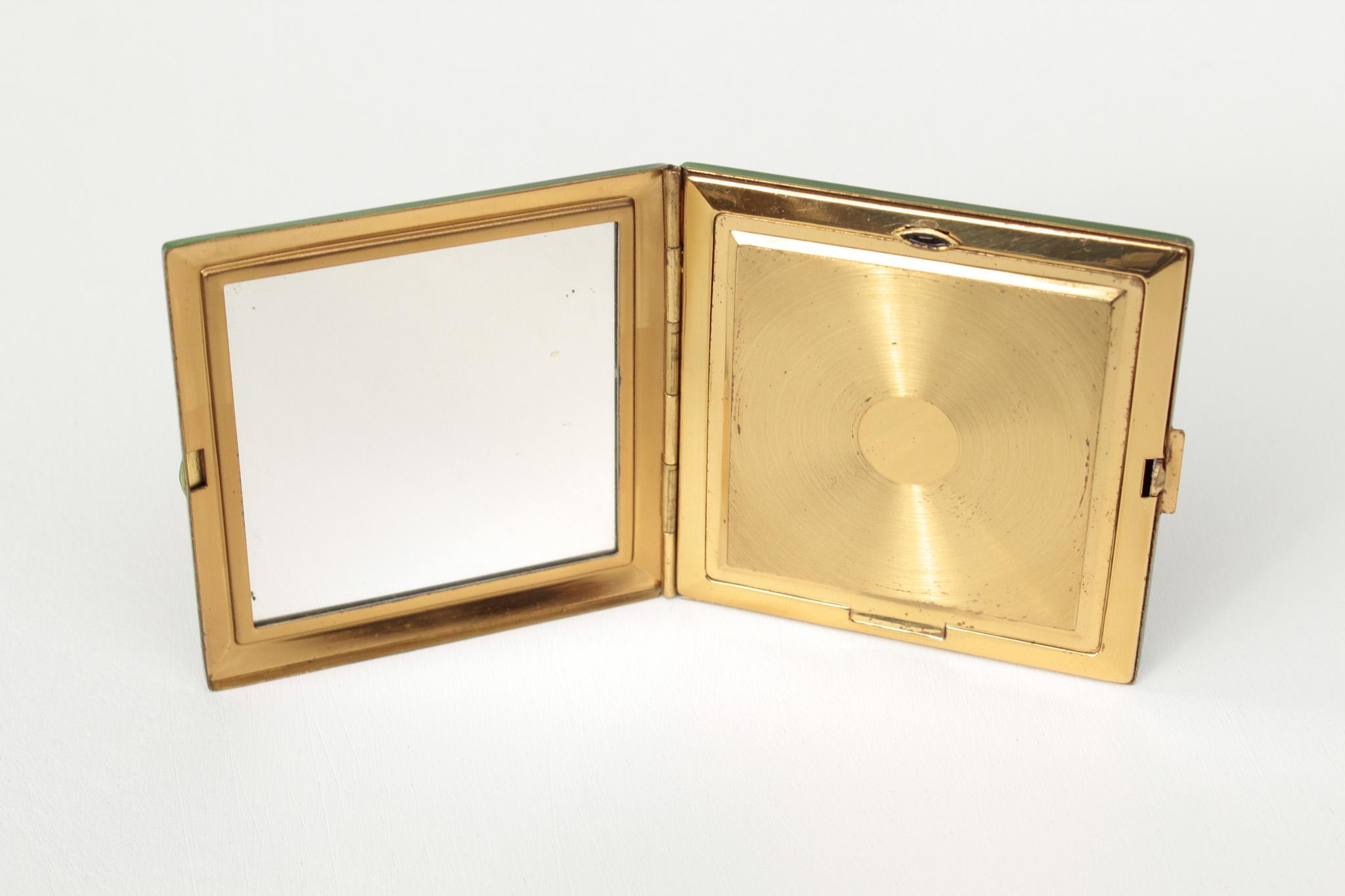 Art Deco Style Square Powder Compact with Green Tortoiseshell