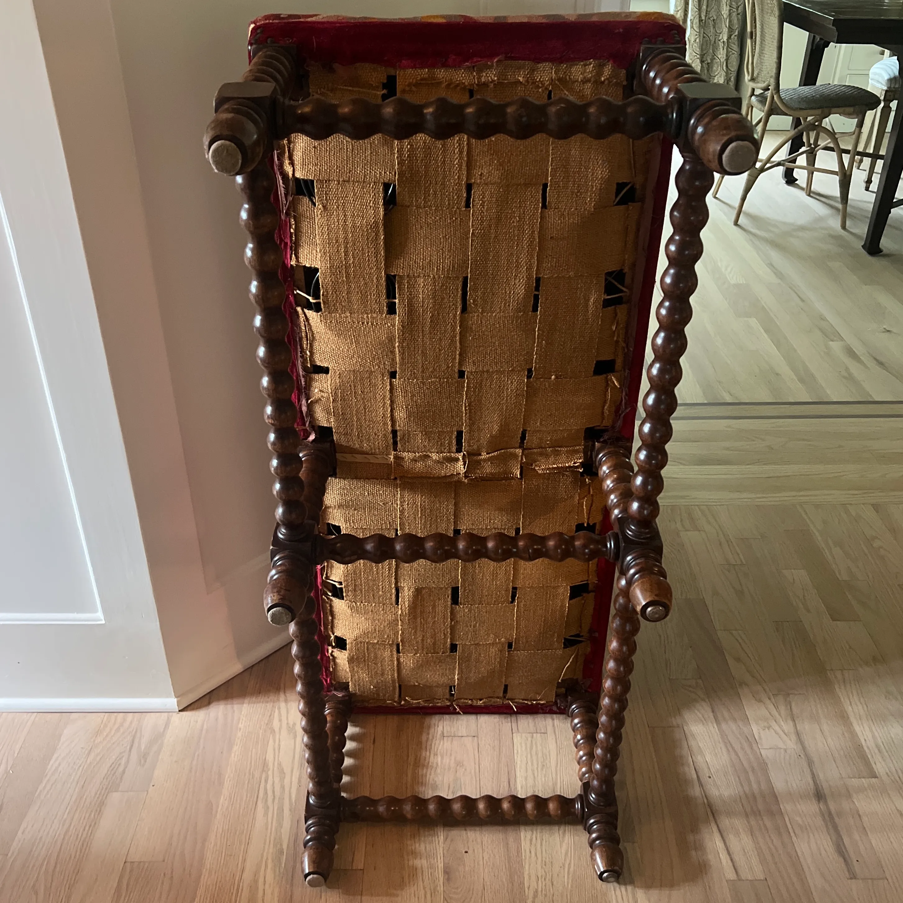 Antique English Wood Bobbin Leg Bench With Needlepoint and Velvet Seat