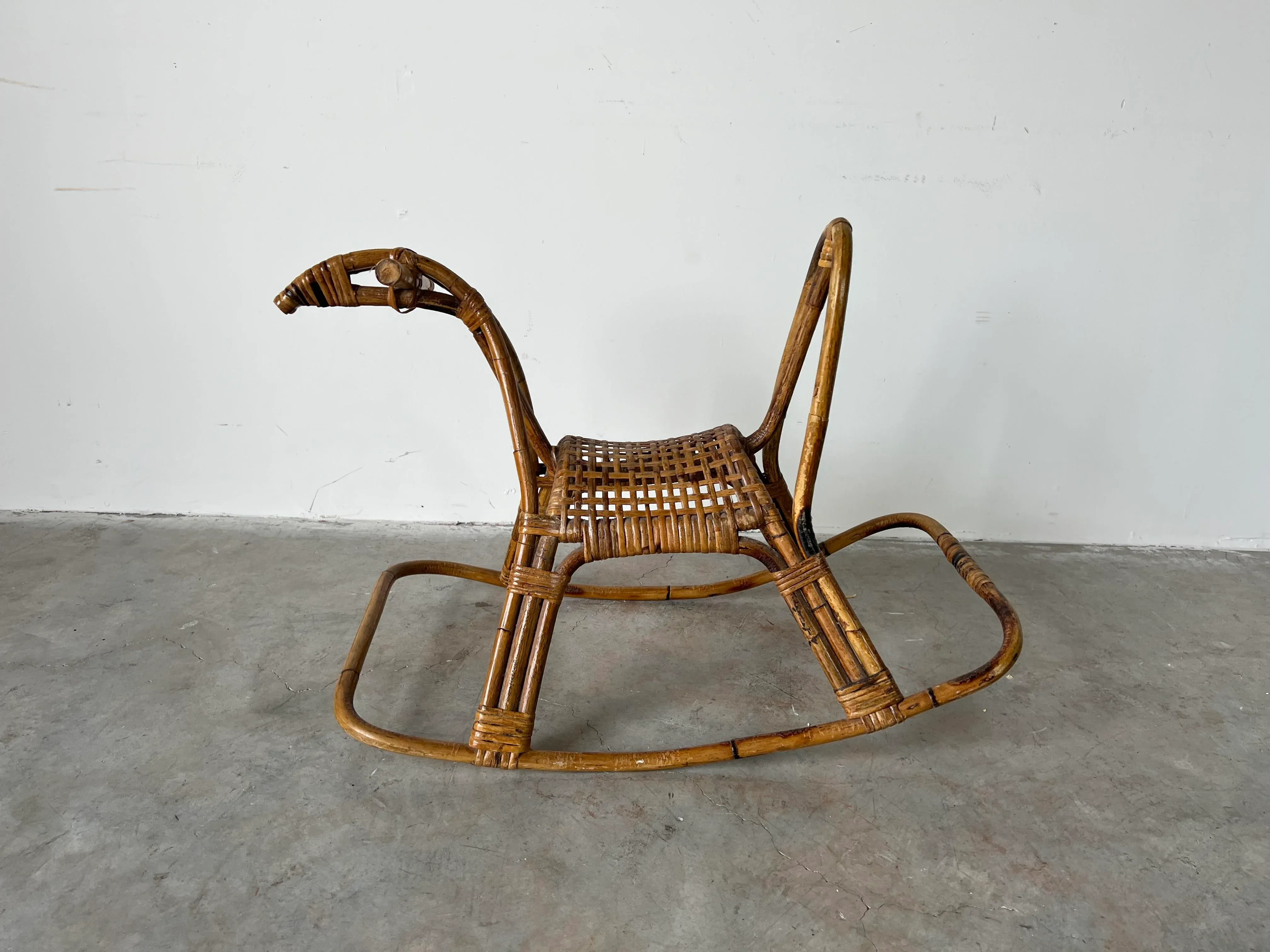 Mid-Century Franco Albini Style Rattan Bamboo Rocking Horse
