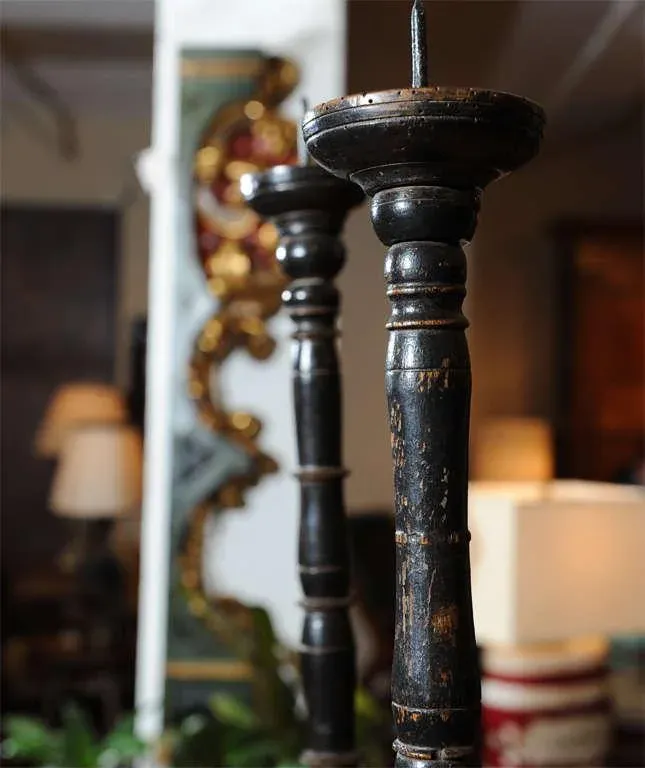 Ebonized Turned Oak Pricket Sticks - a Pair