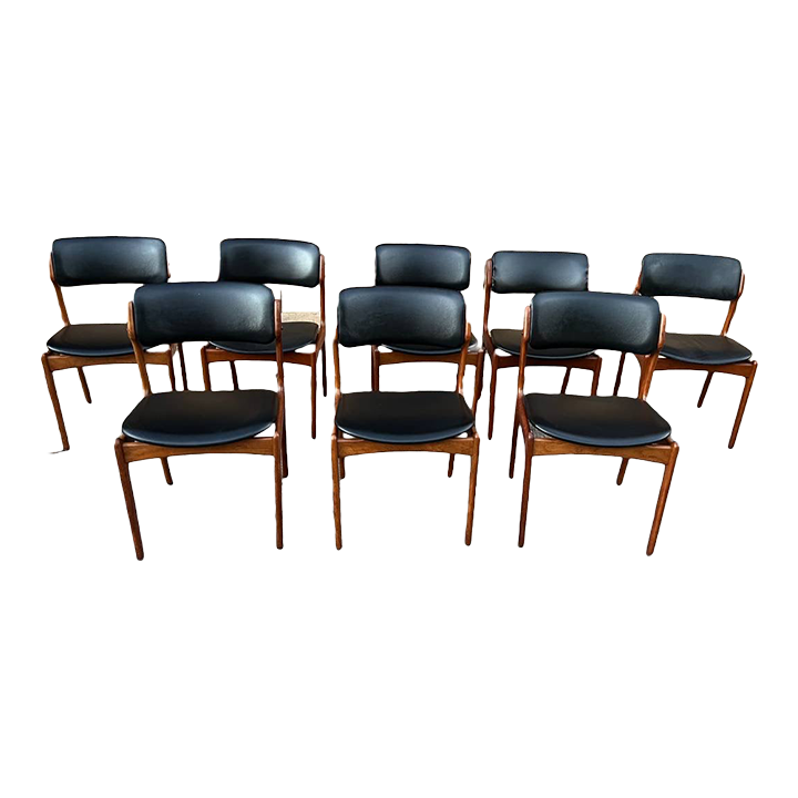 Set of Eight Erik Buch MidCentury Modern Teak Black Vinyl Dining