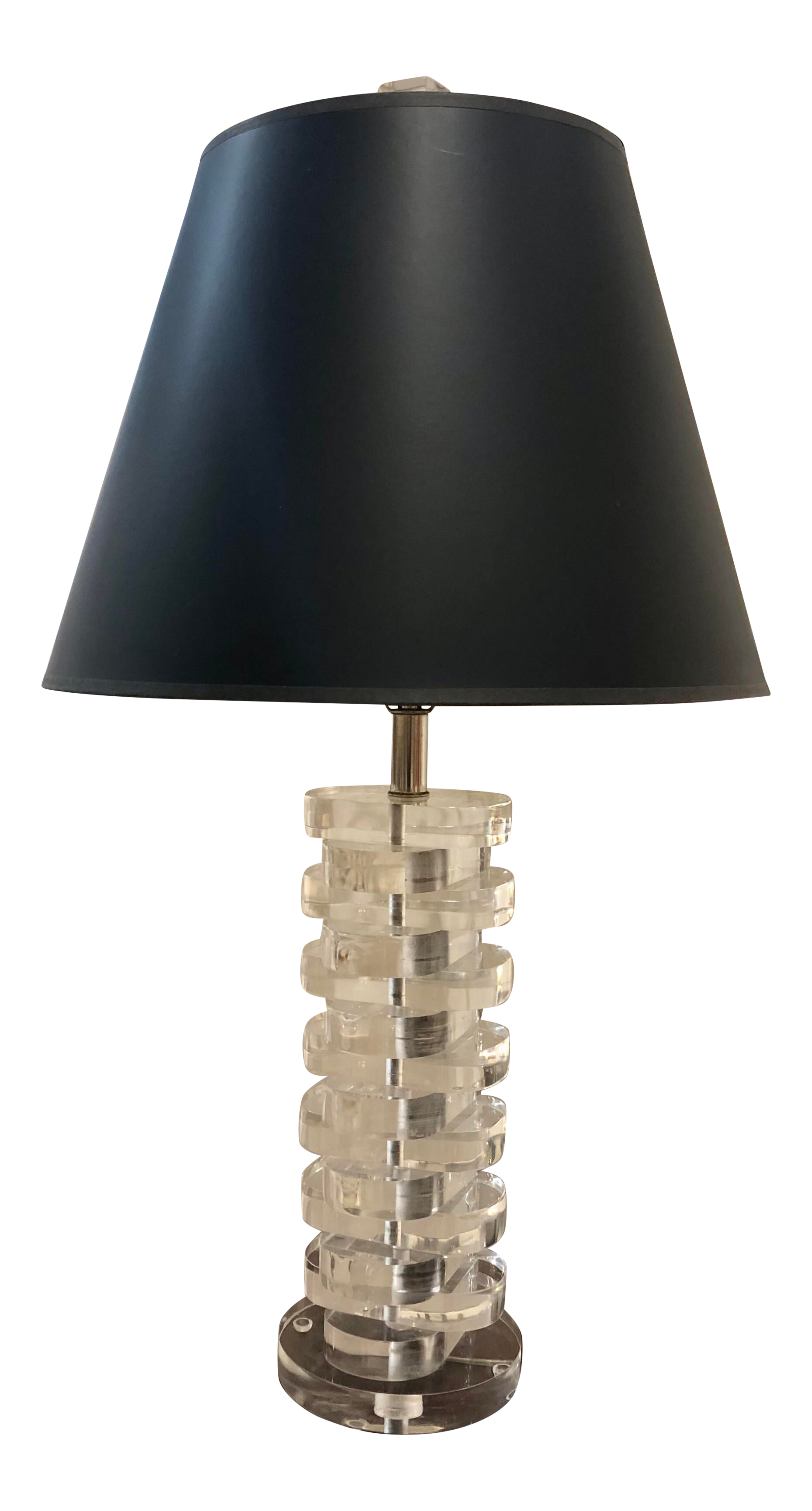 Vintage Stacked Lucite Lamp With Matching Finial and Matte Black Shade