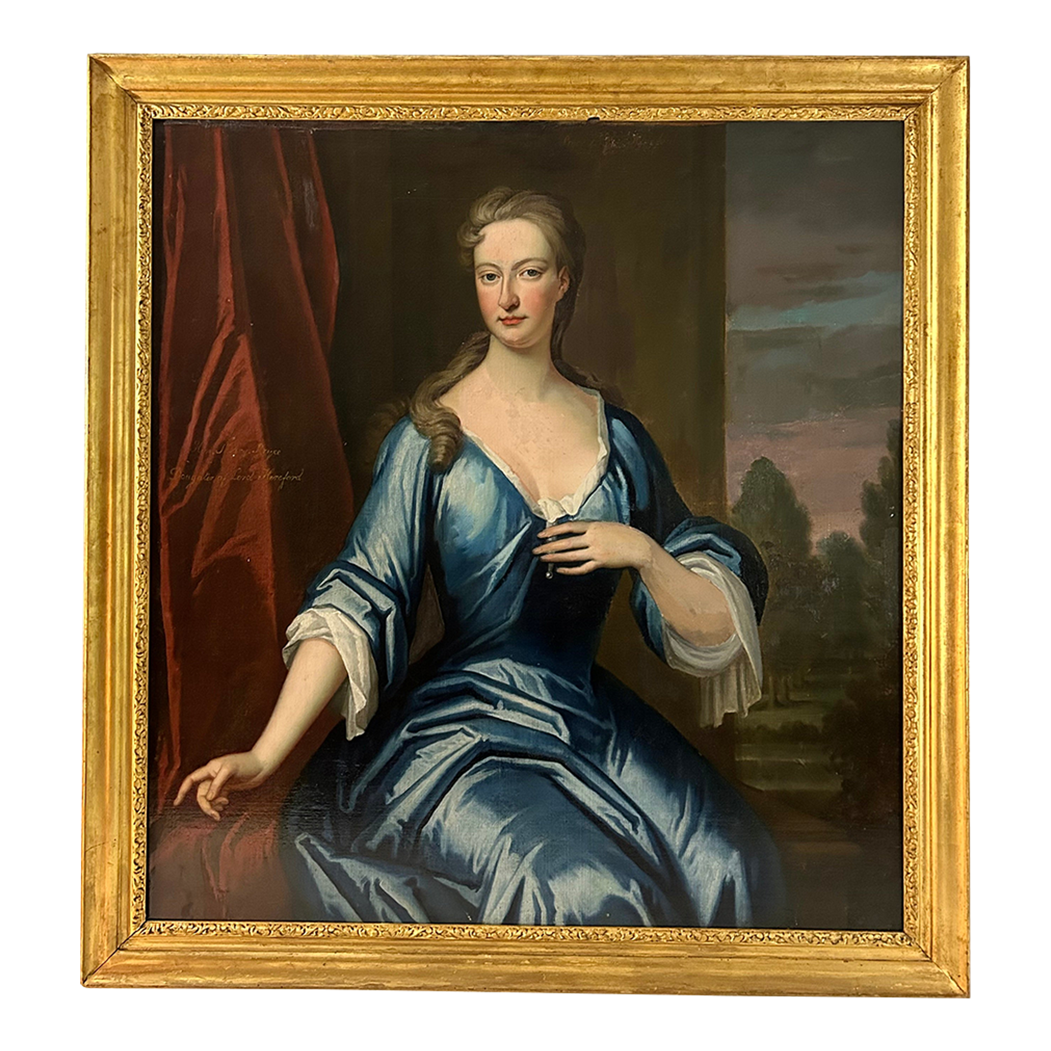 18th Century Portrait of a Lady in Blue Framed British School Oil