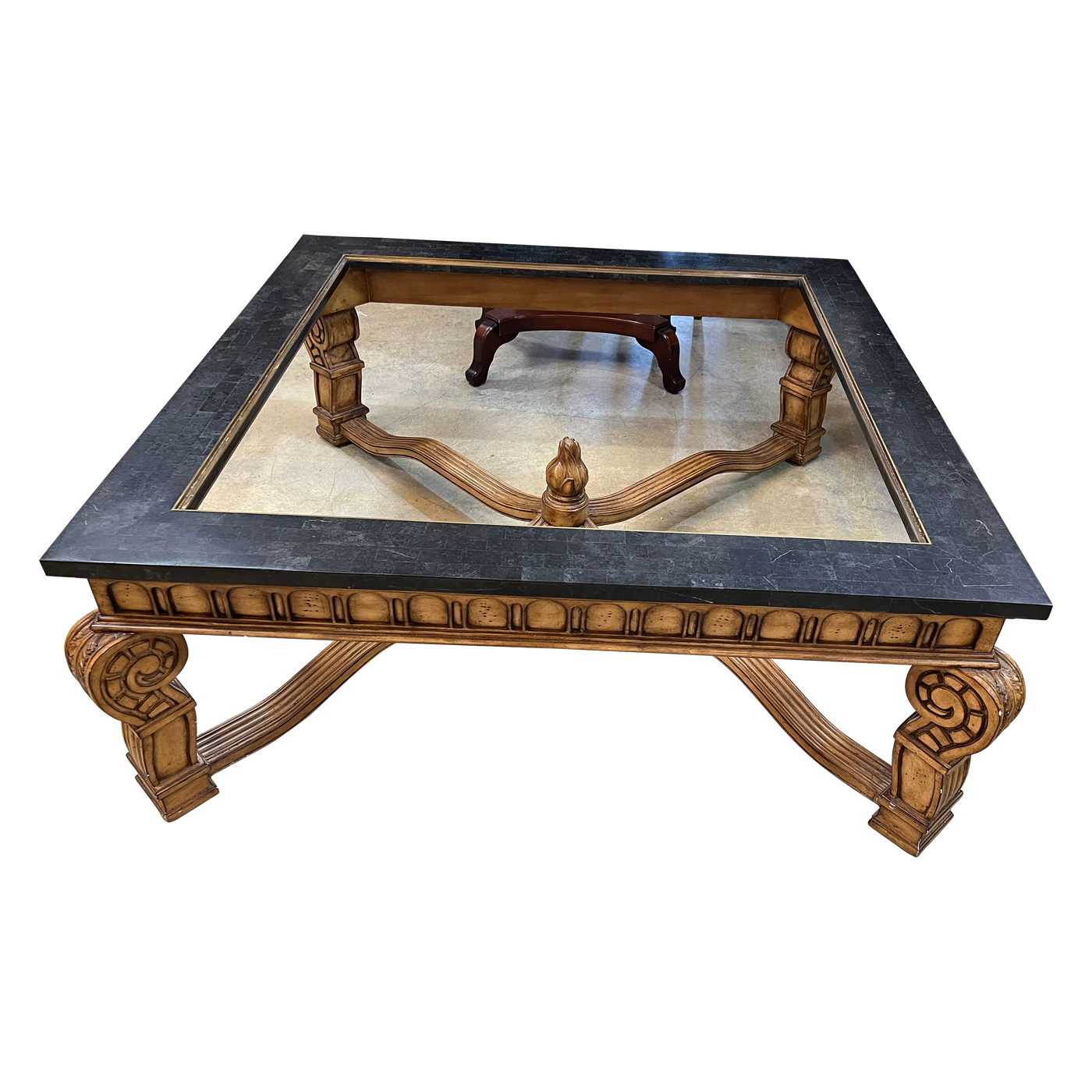 Vintage Large Square Coffee Table With Granite Material Frame, Inlaid