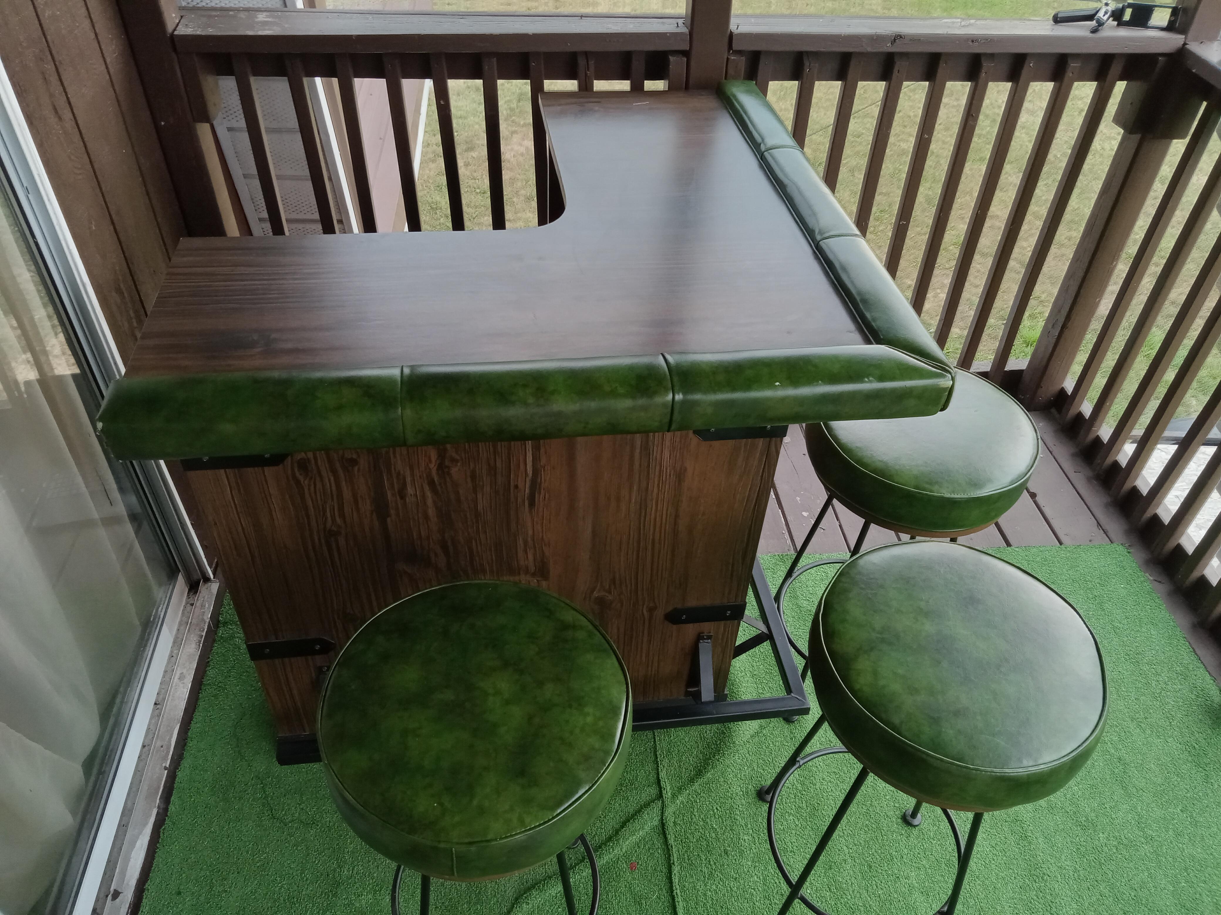 1960s Mid-Century Solid Wood and Leather Décor Green Bar - Set of 