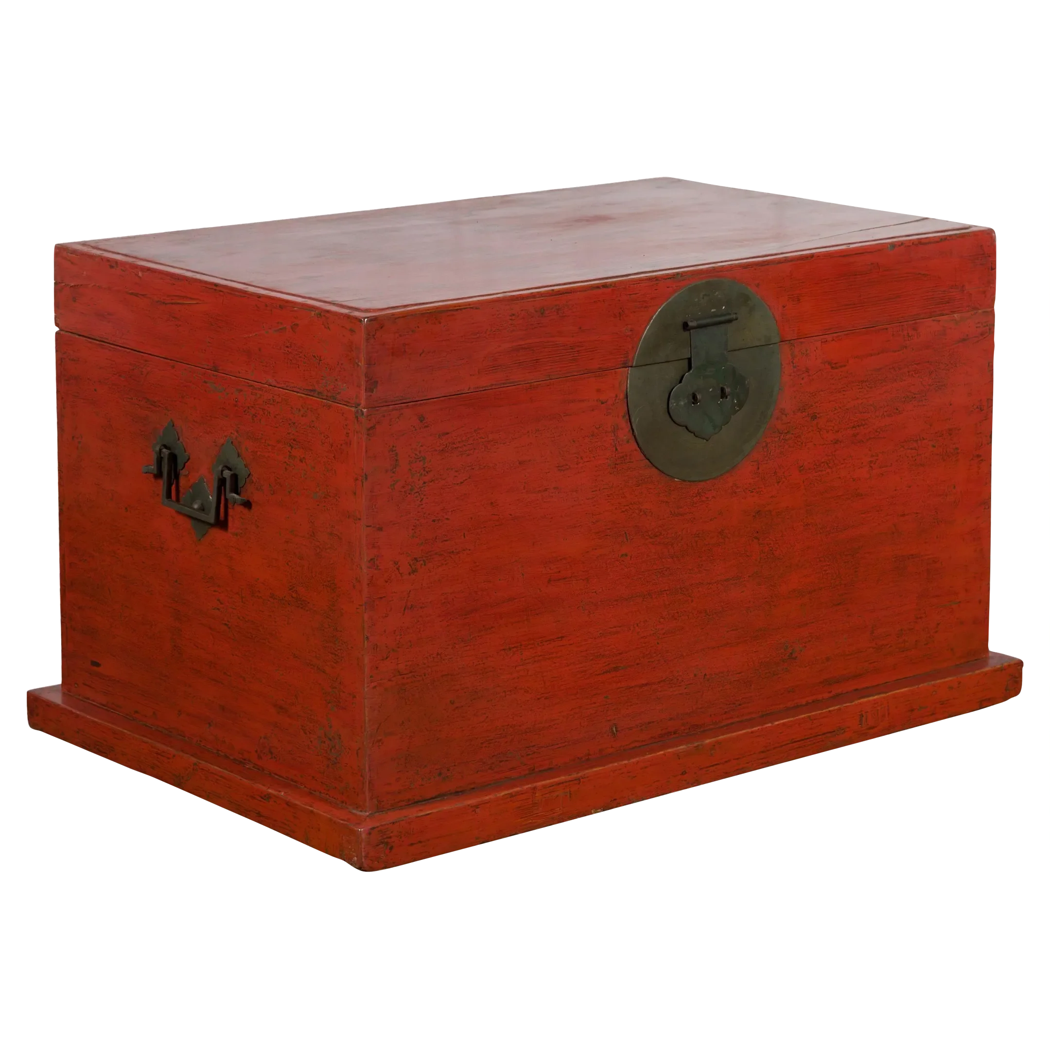 19th Century Chinese Qing Dynasty Red Lacquer & Brass Hardware Blanket Chest