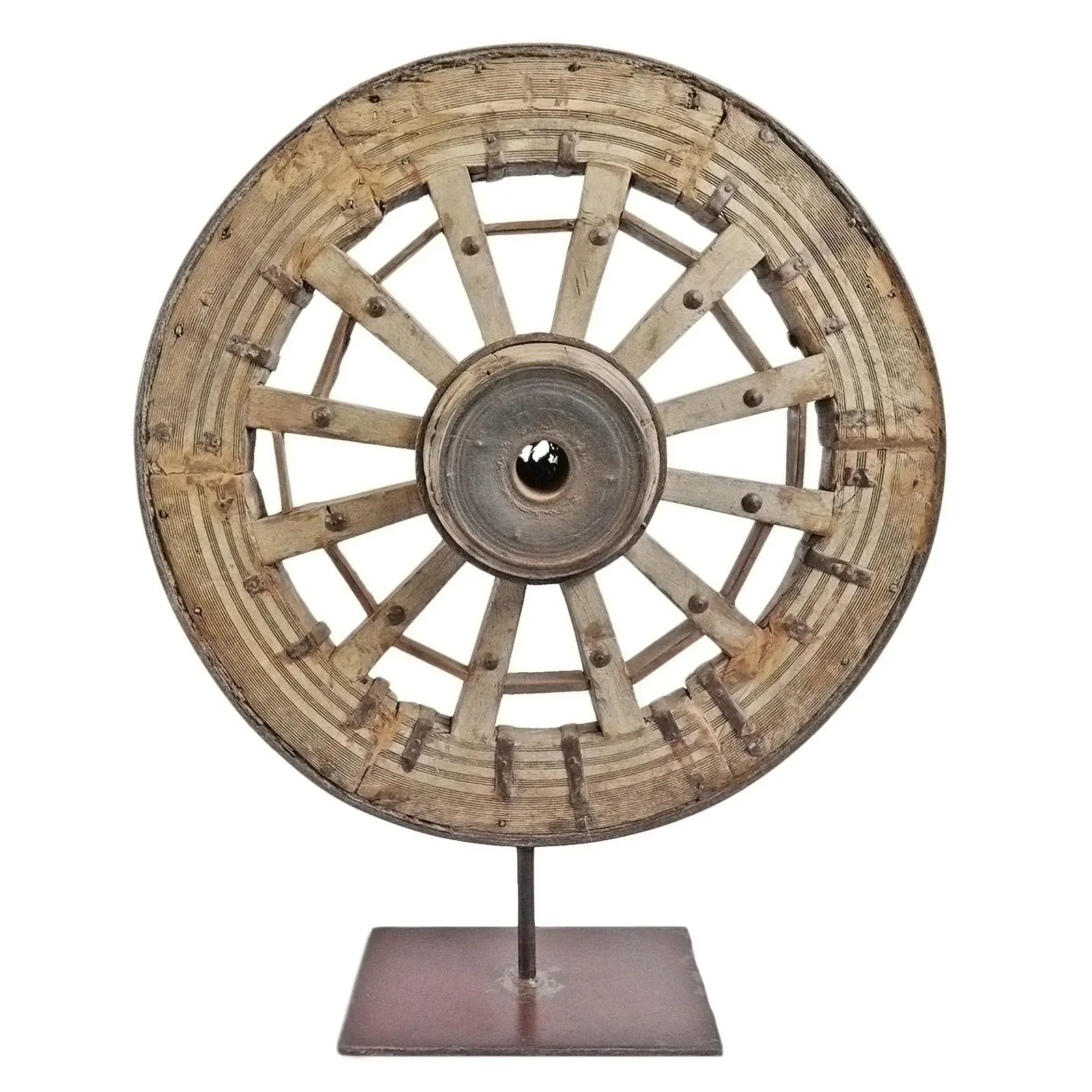 Mid 20th Century Ox Cart Wheel on Stand