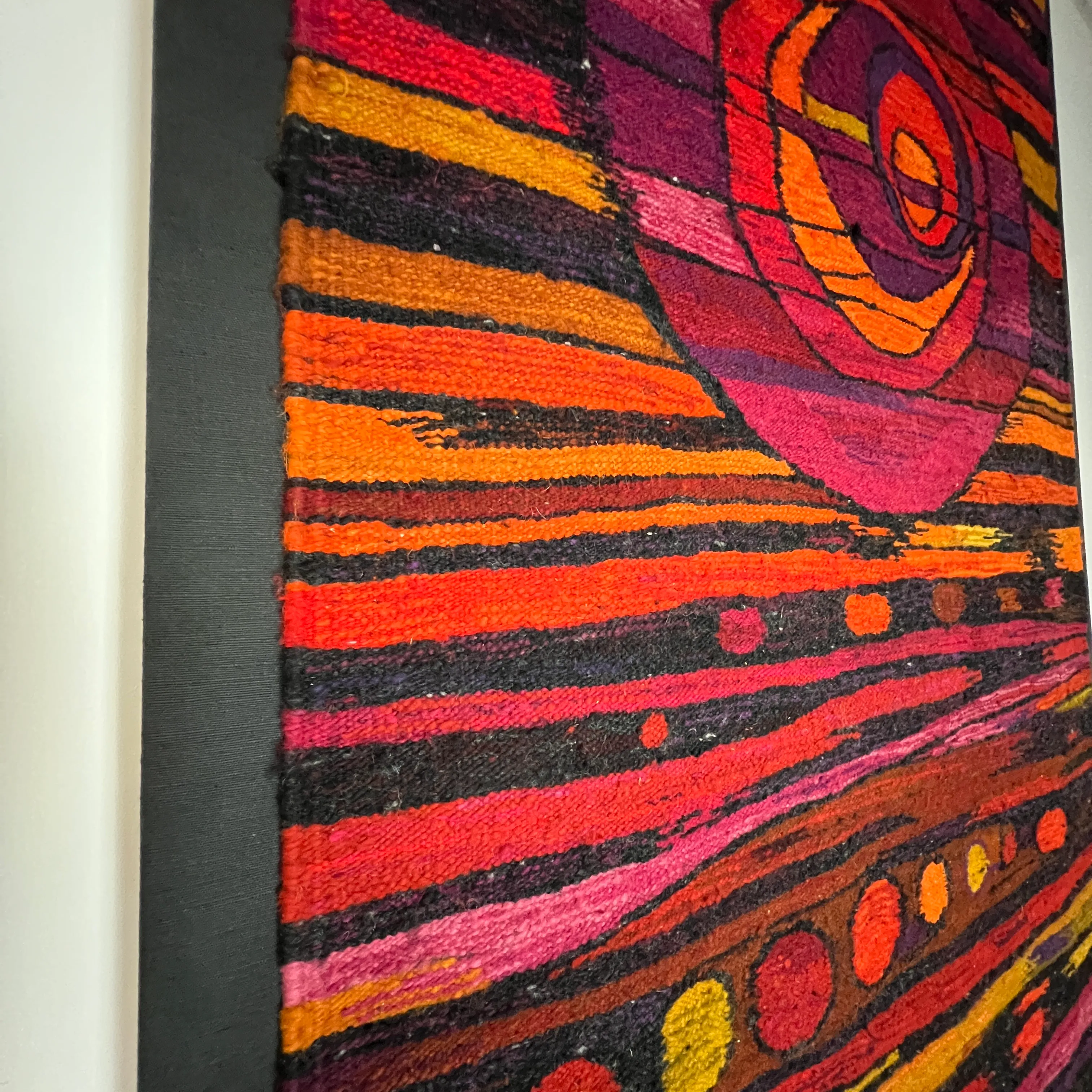 Large Colorful Mid-Century Tapestry Mounted on Black Canvas