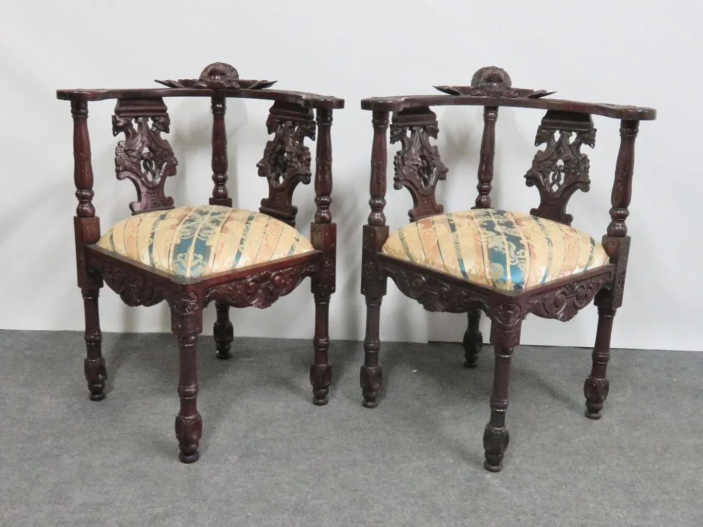 Victorian Style Mahogany Figural Carved Corner Chairs a Pair