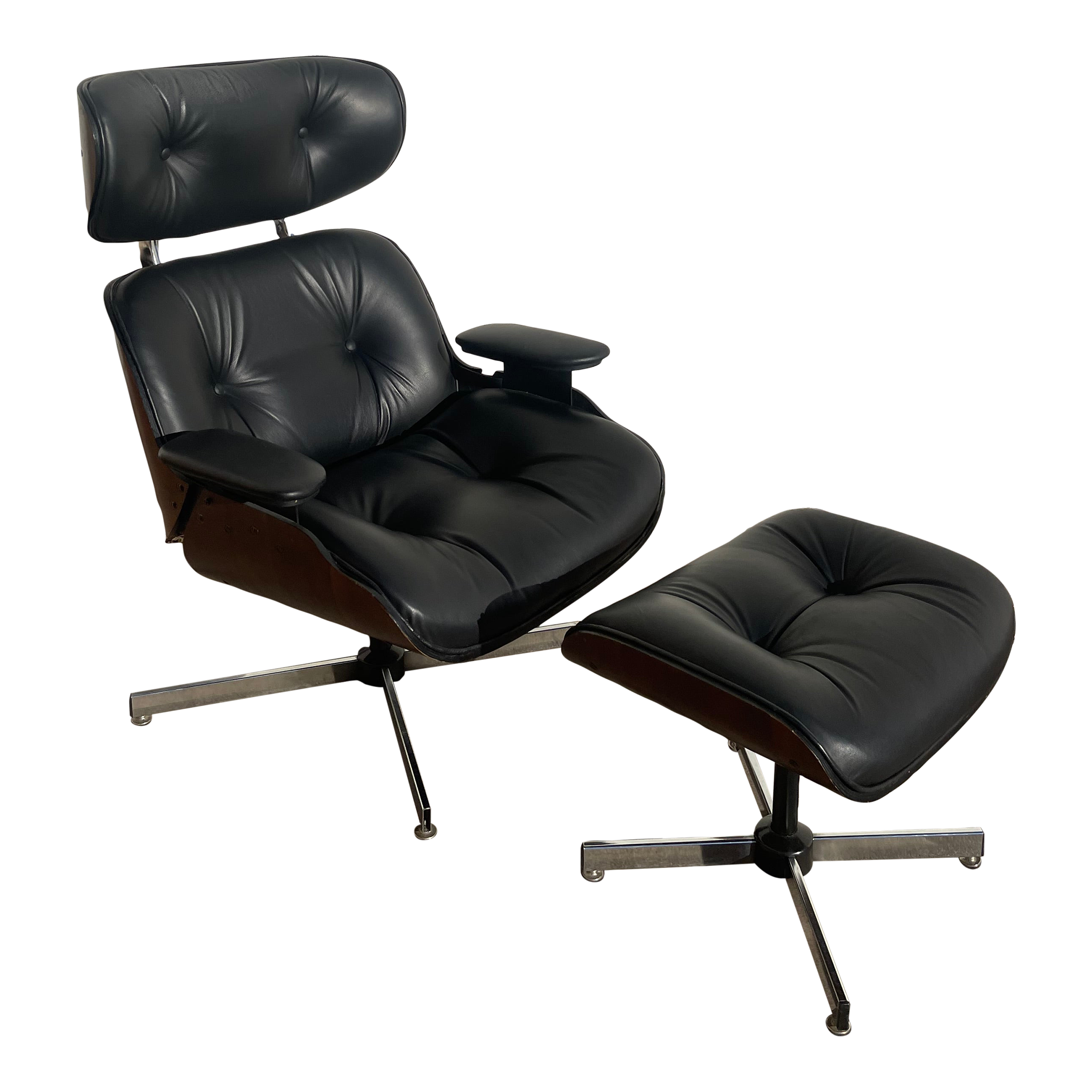 Plycraft Eames Black and Brown Selig Lounge Swivel Chair With Ottoman